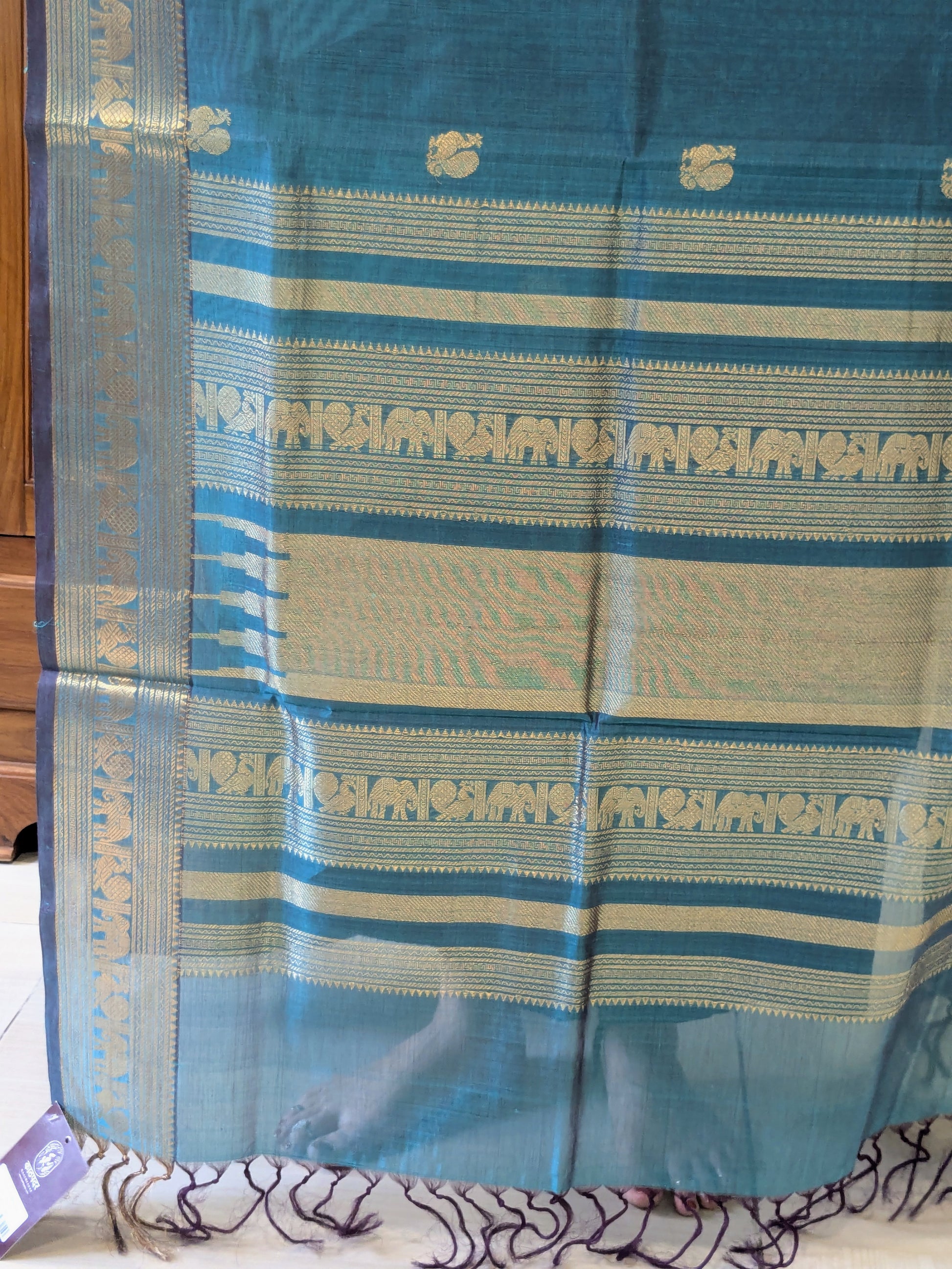 Bluish Green Kanjeevaram Silk Cotton Saree with Mor Buttis & Zari Pallu