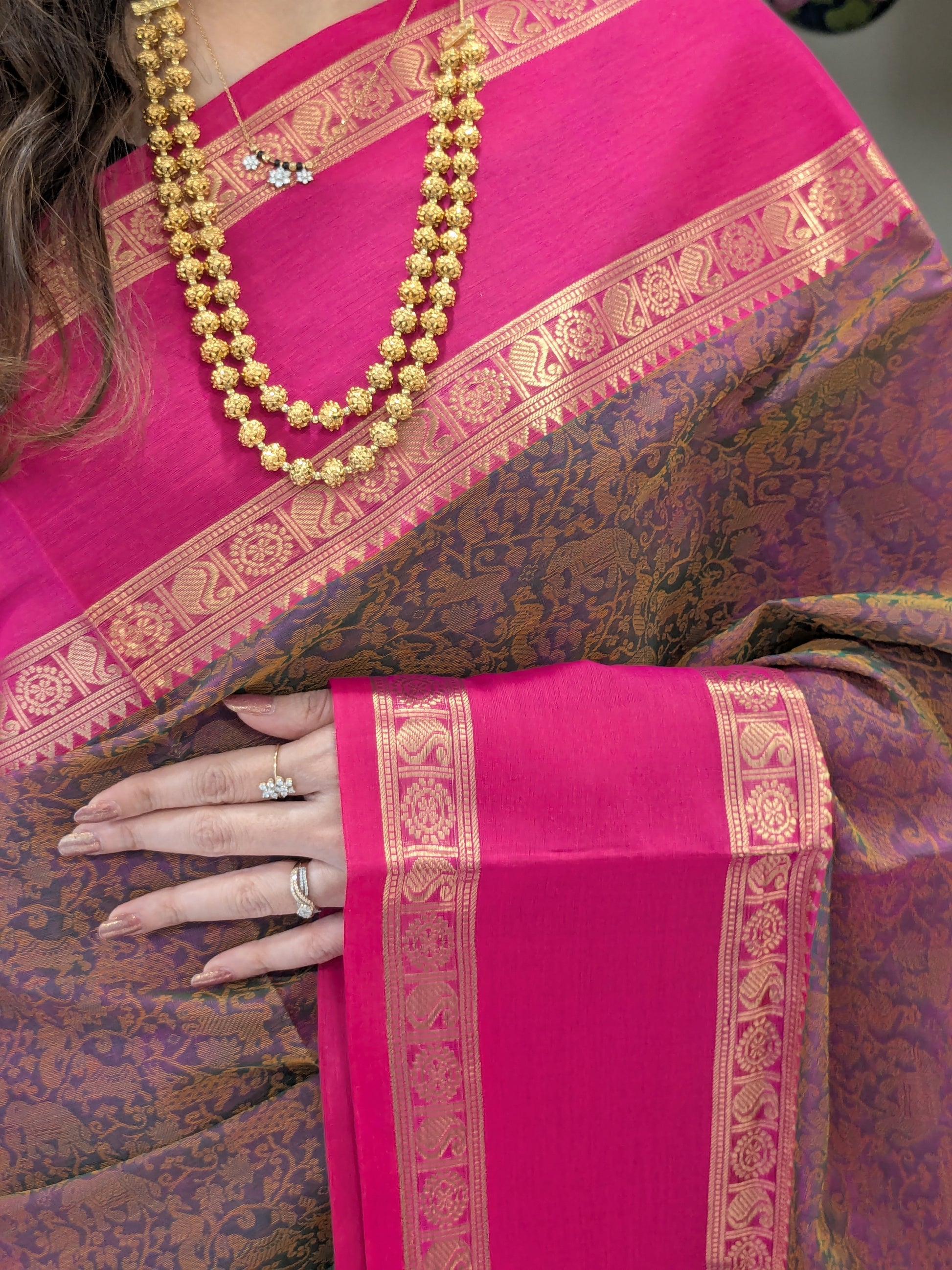 Purplish Pink Kanjeevaram Silk Cotton Saree with All-Over Resham