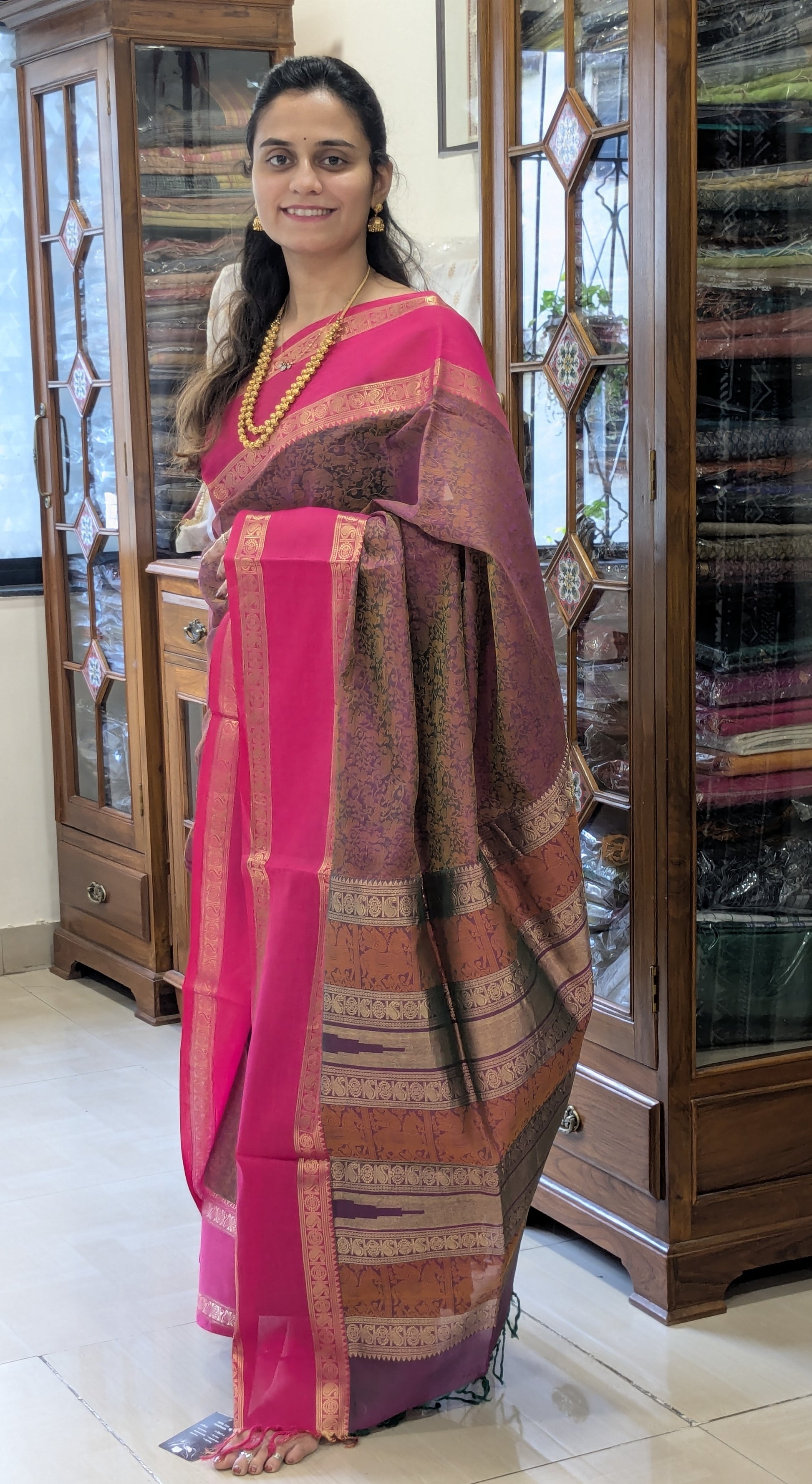 Purplish Pink Kanjeevaram Silk Cotton Saree with All-Over Resham