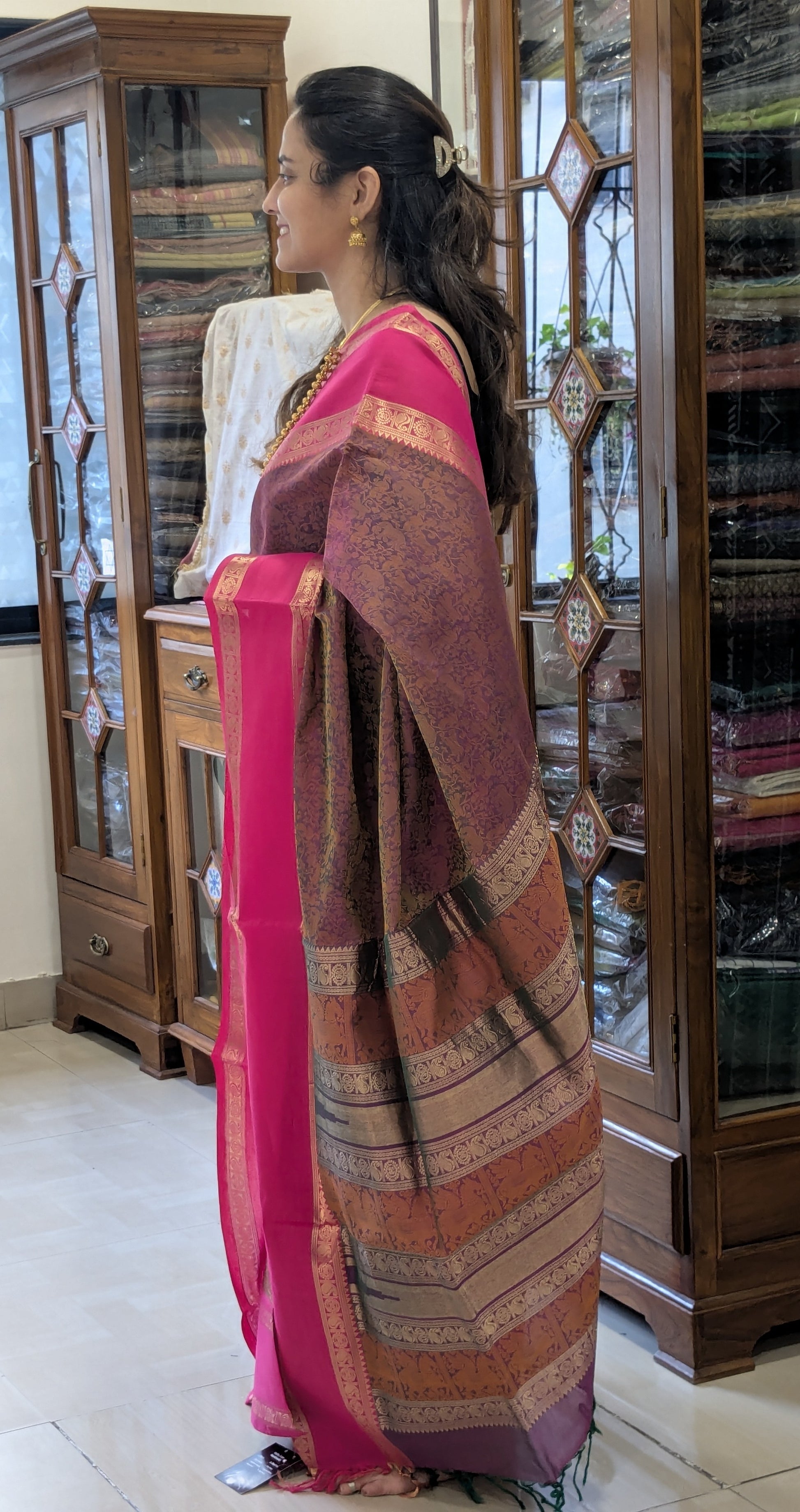Purplish Pink Kanjeevaram Silk Cotton Saree with All-Over Resham