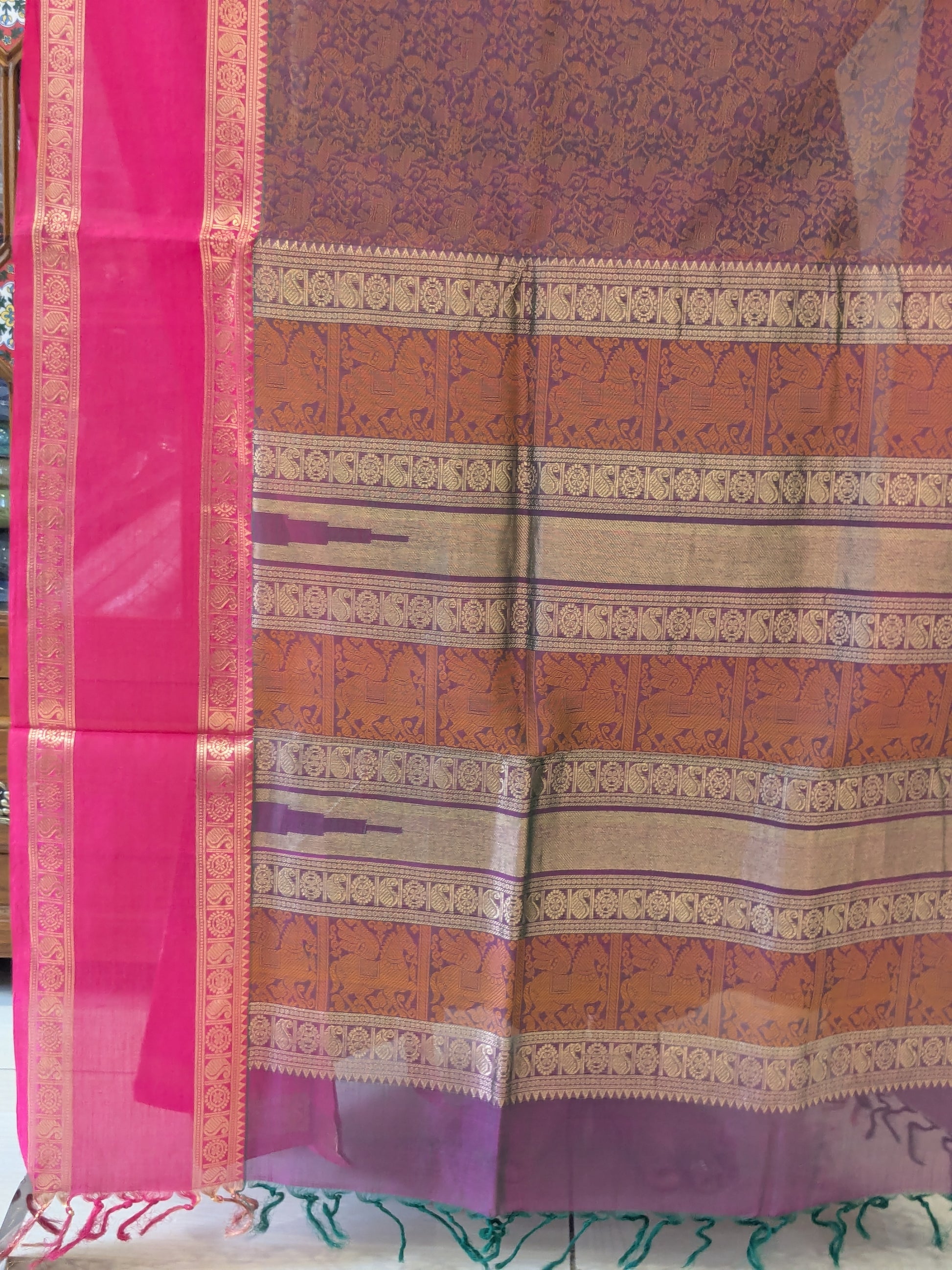 Purplish Pink Kanjeevaram Silk Cotton Saree with All-Over Resham
