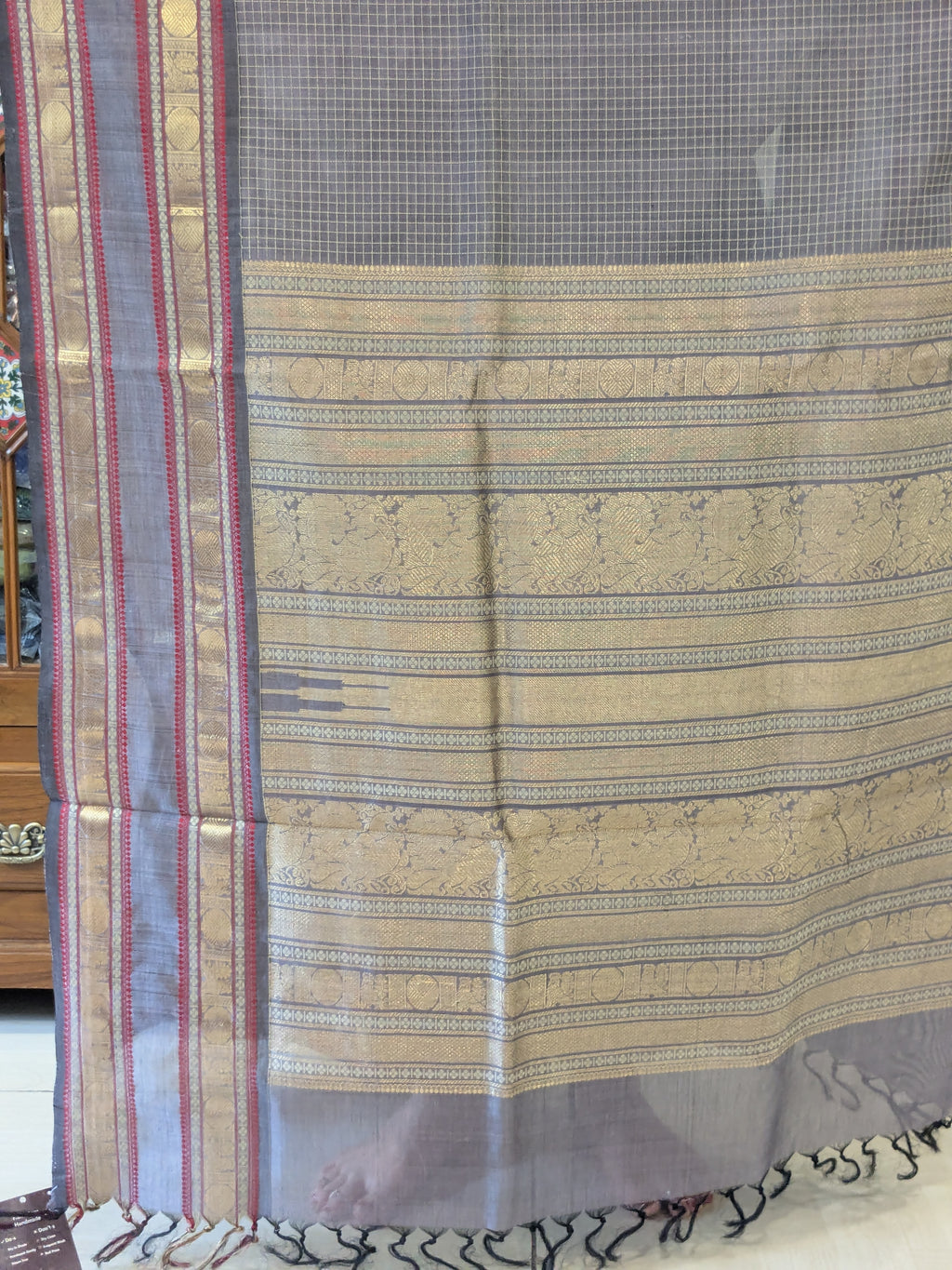 Grey Kanjeevaram Silk Cotton Saree with Zari Checks & Zari Pallu