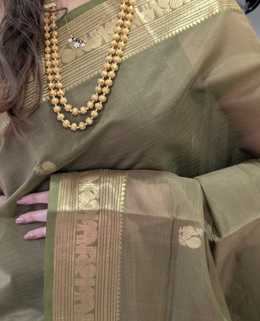 Olive Green Kanjeevaram Silk Cotton Saree with Zari Pallu