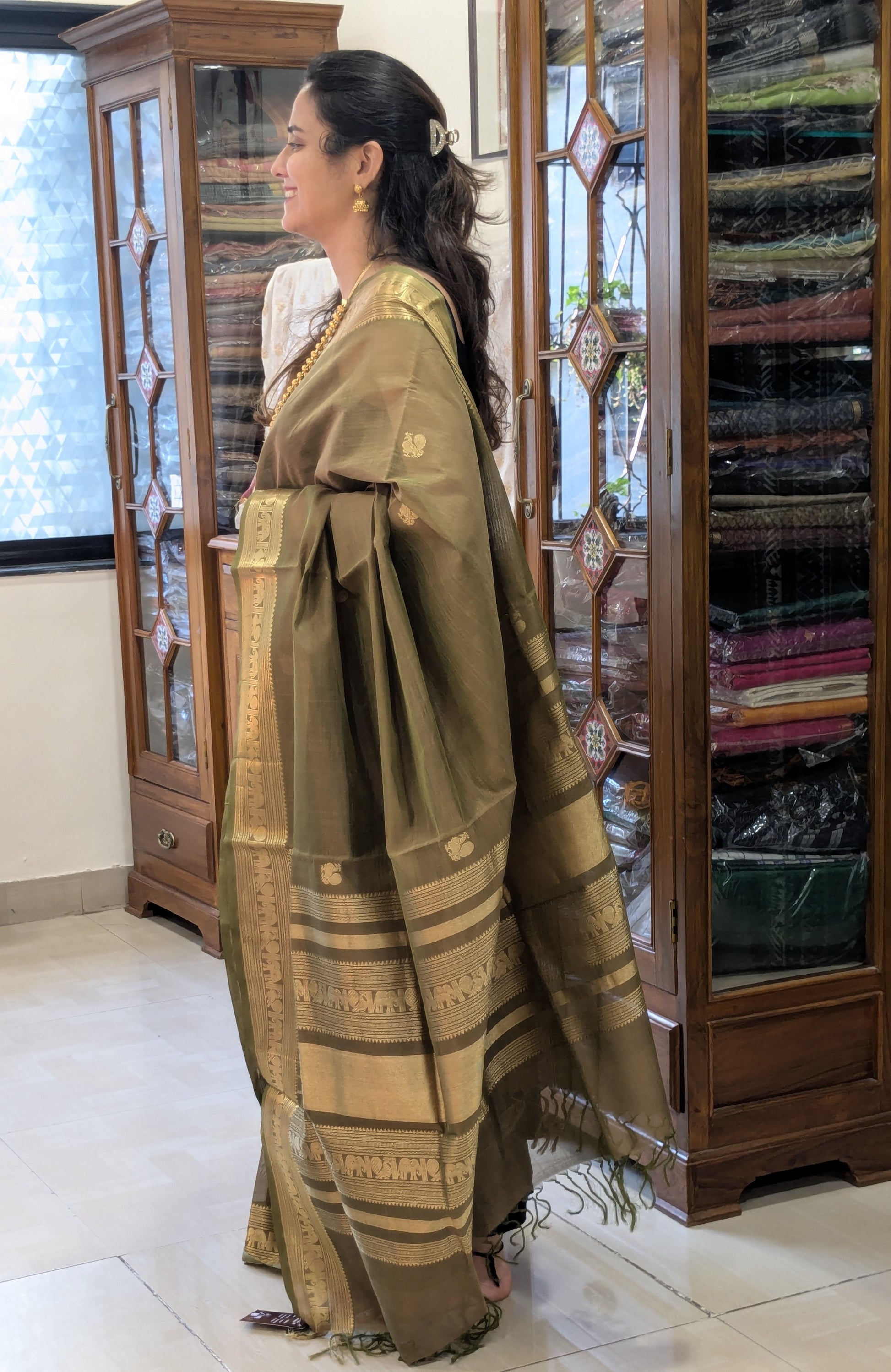 Olive Green Kanjeevaram Silk Cotton Saree with Zari Pallu