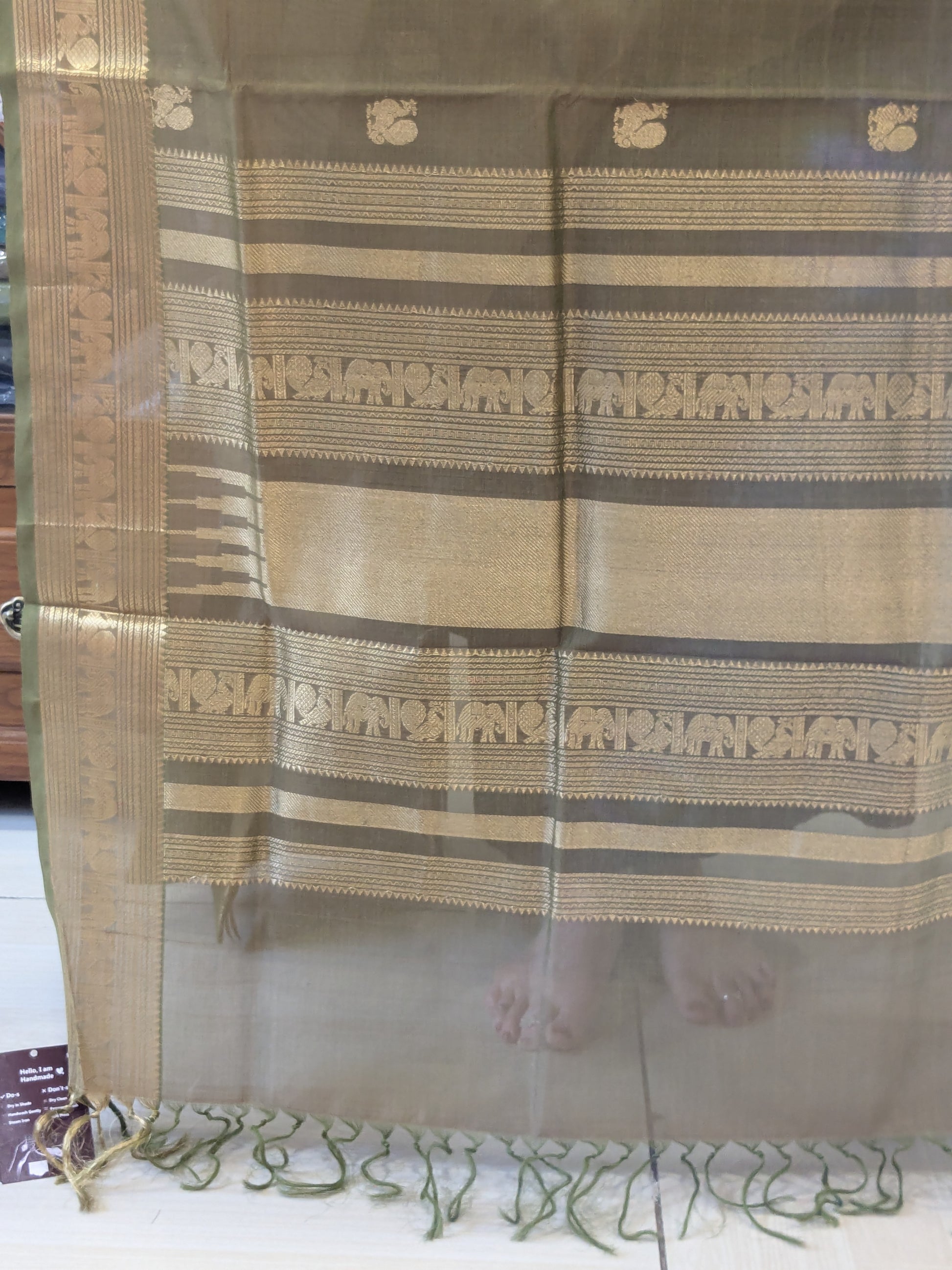 Olive Green Kanjeevaram Silk Cotton Saree with Zari Pallu