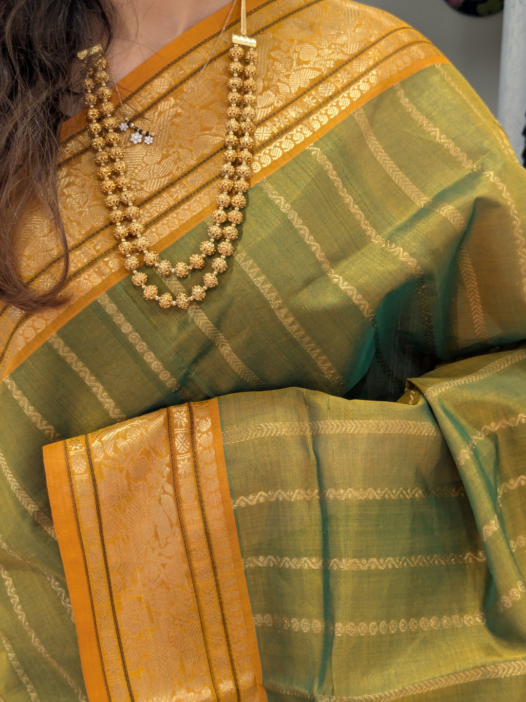Light Green Kanjeevaram Silk Cotton Saree with Vertical Veldhari
