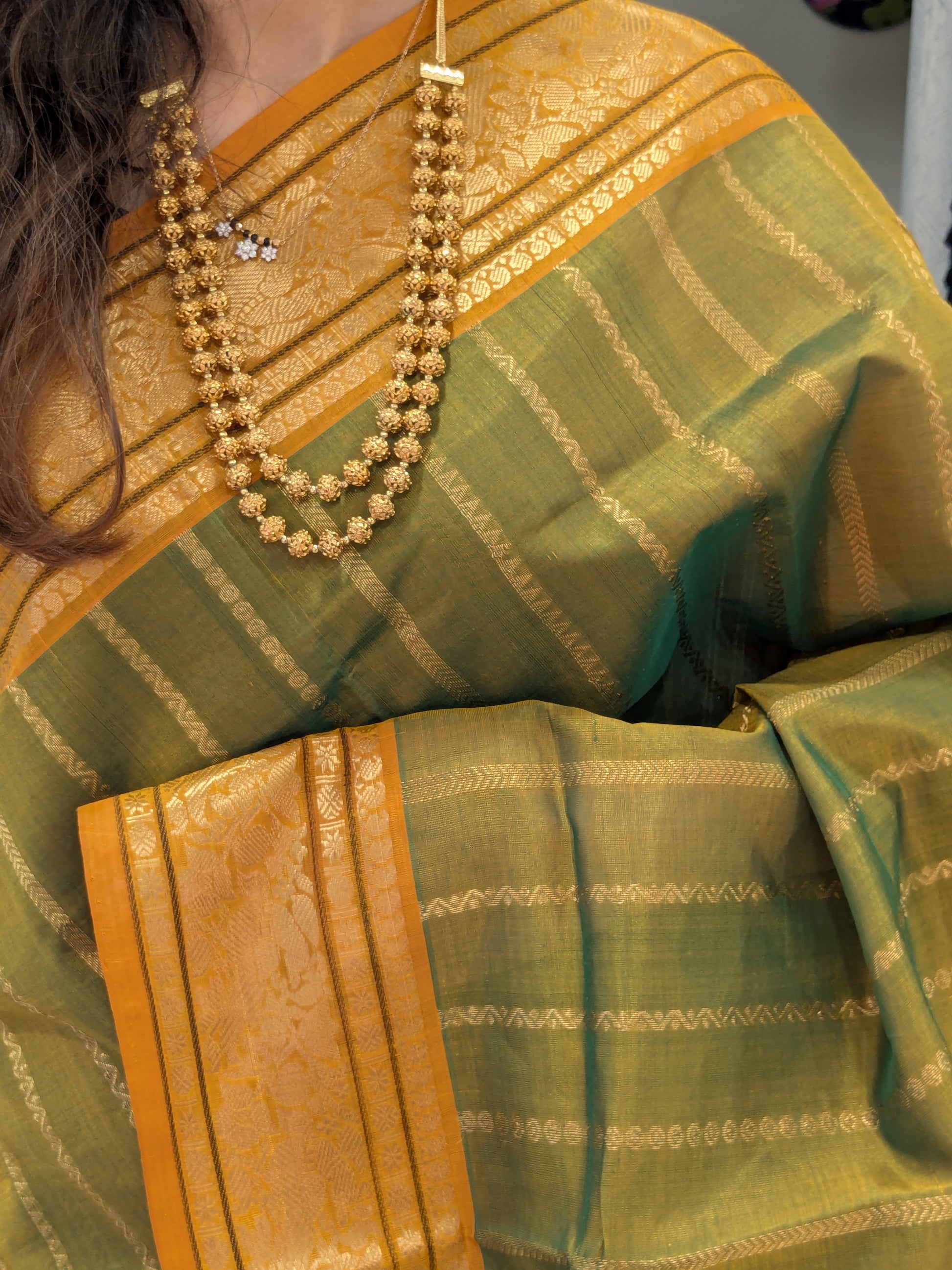 Light Green Kanjeevaram Silk Cotton Saree with Vertical Veldhari
