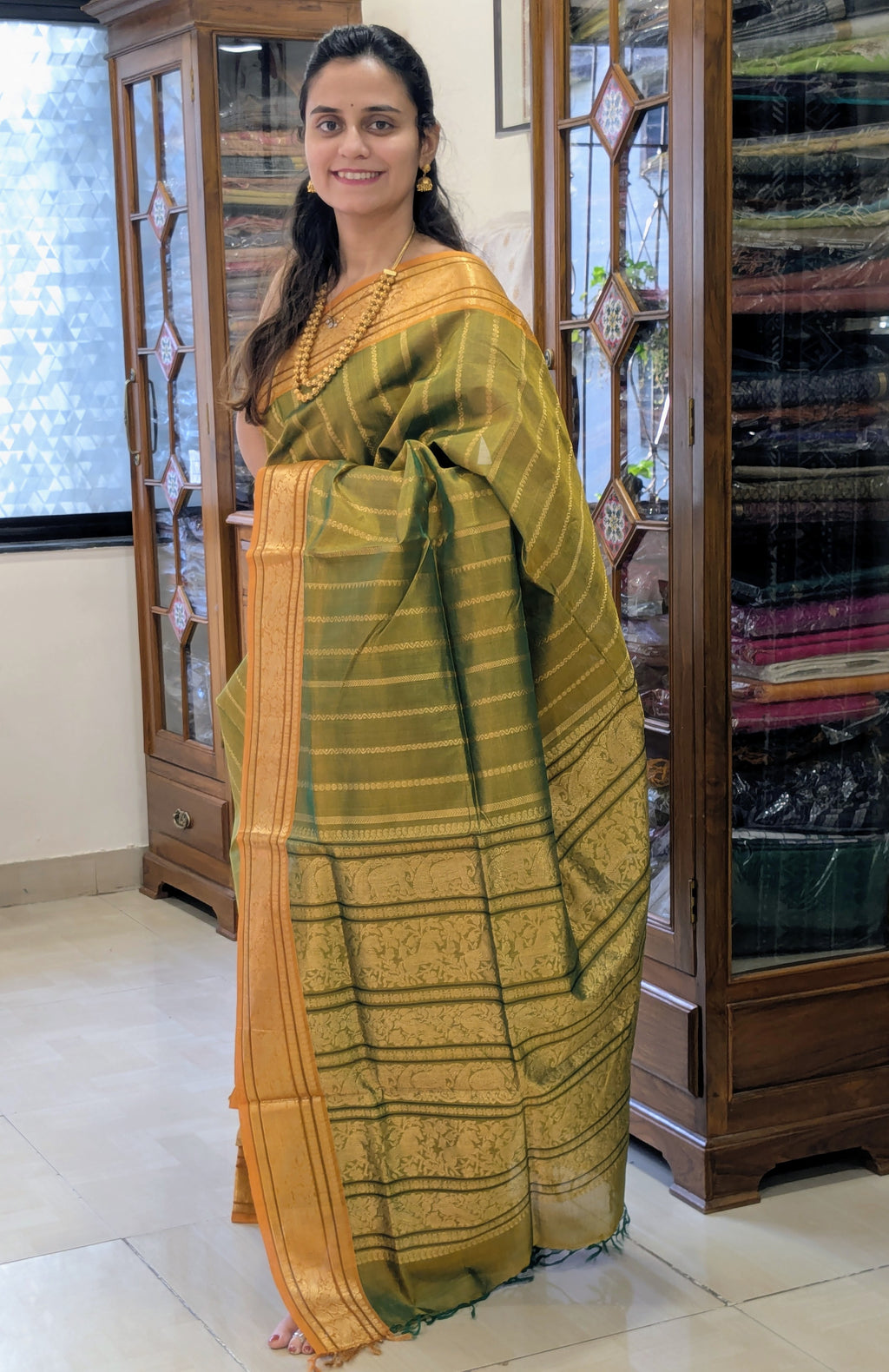 Light Green Kanjeevaram Silk Cotton Saree with Vertical Veldhari