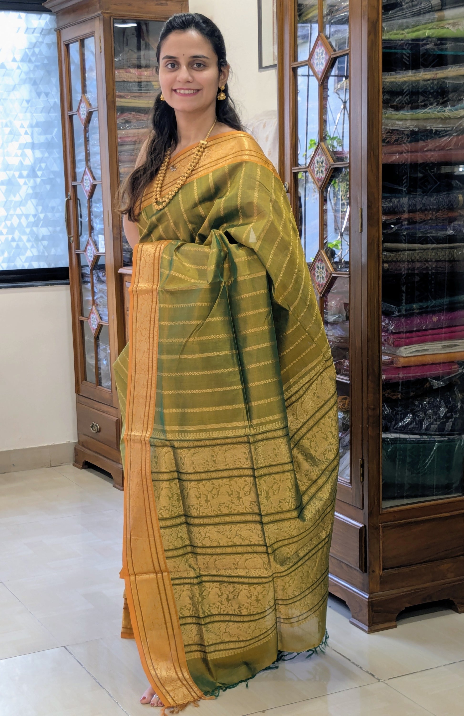 Light Green Kanjeevaram Silk Cotton Saree with Vertical Veldhari