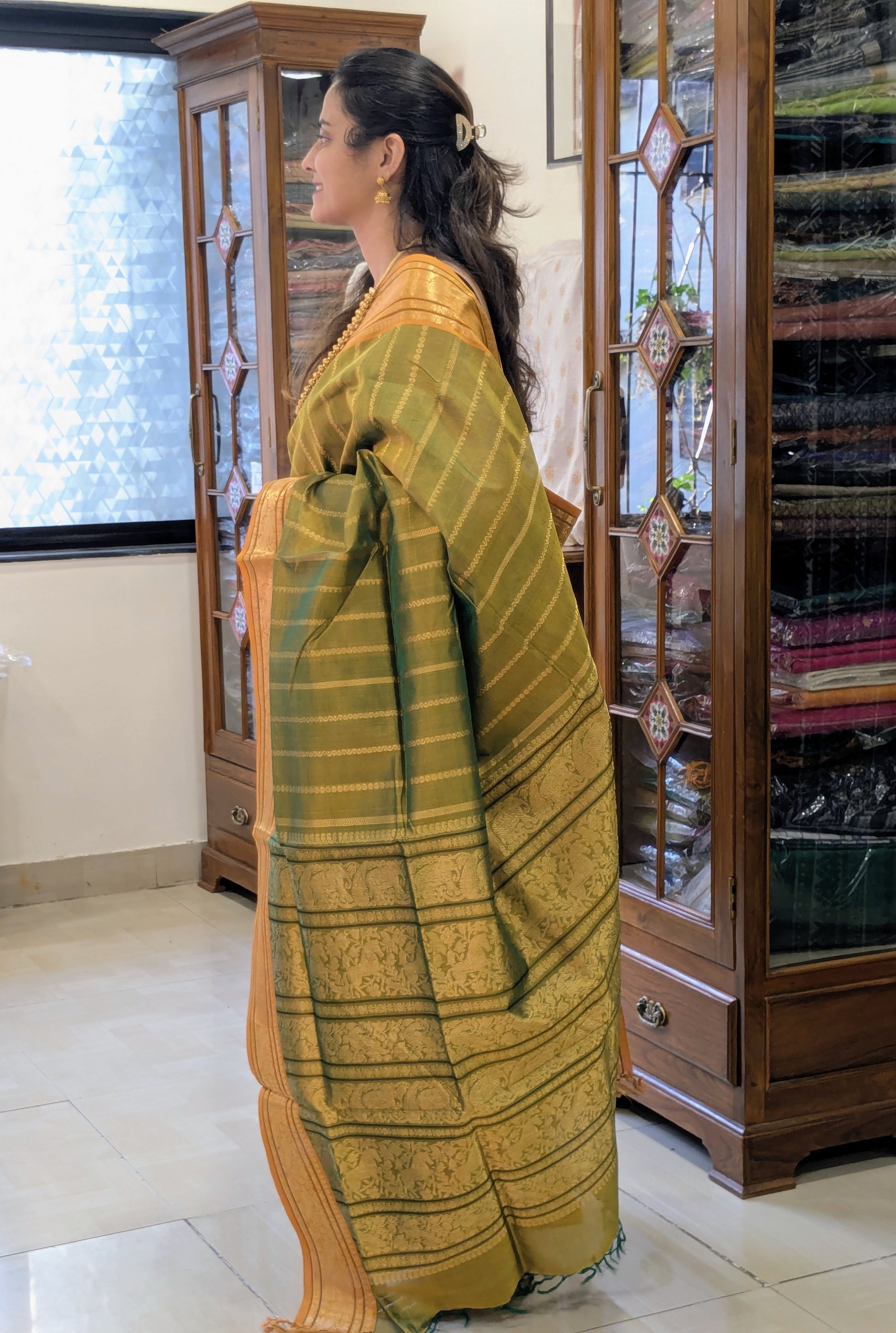 Light Green Kanjeevaram Silk Cotton Saree with Vertical Veldhari