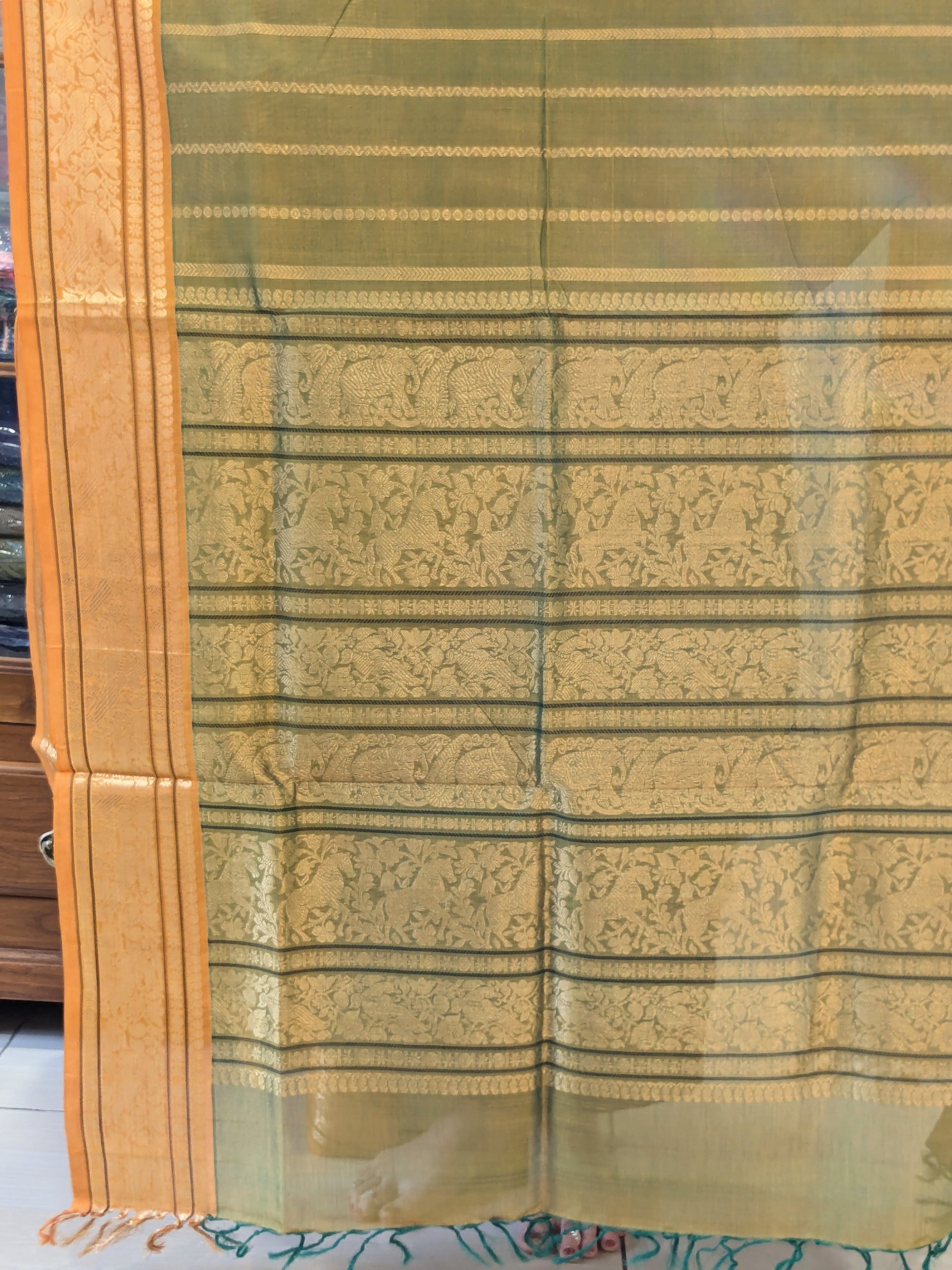 Light Green Kanjeevaram Silk Cotton Saree with Vertical Veldhari