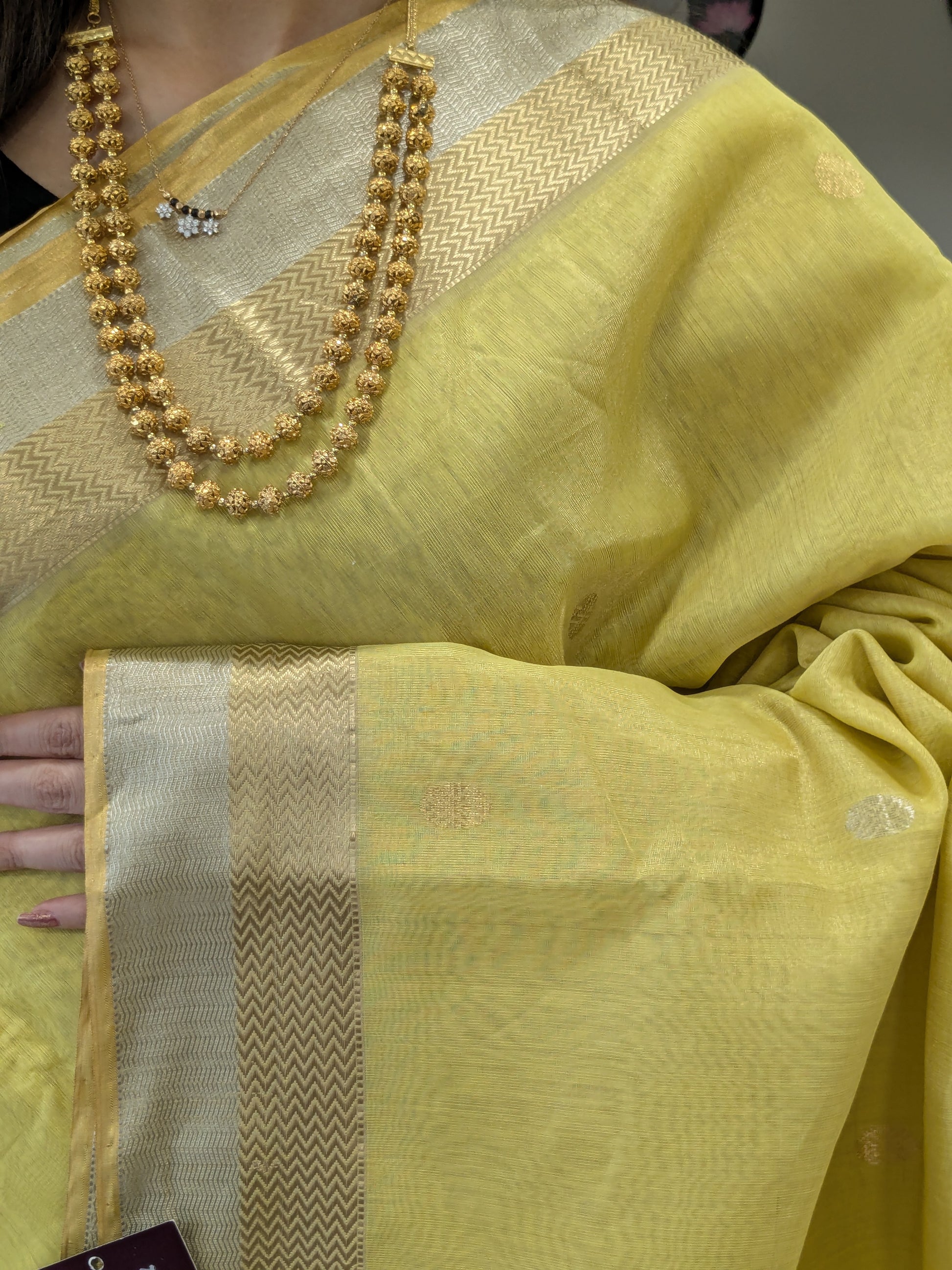 Yellow Silk Tissue Maheshwari Saree with Silver-Gold Buttis