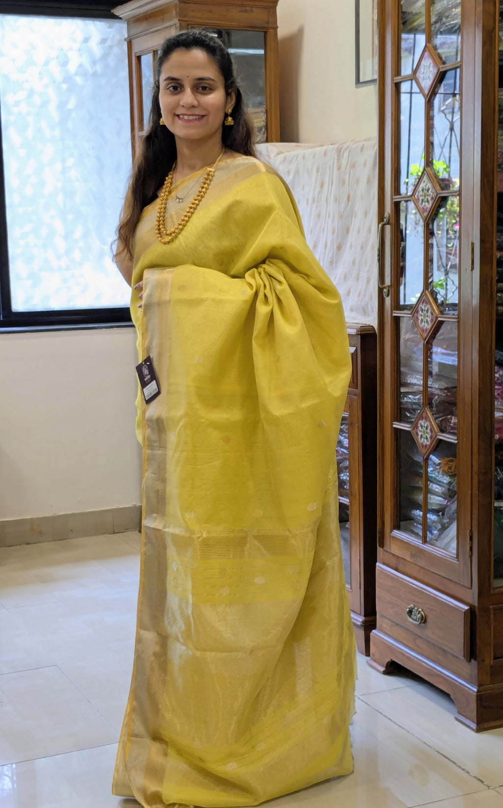 Yellow Silk Tissue Maheshwari Saree with Silver-Gold Buttis