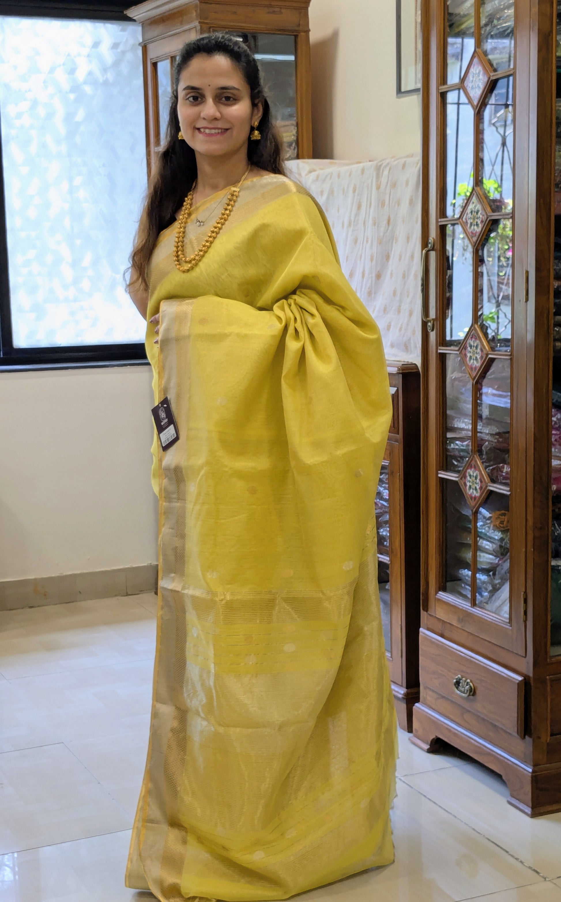 Yellow Silk Tissue Maheshwari Saree with Silver-Gold Buttis