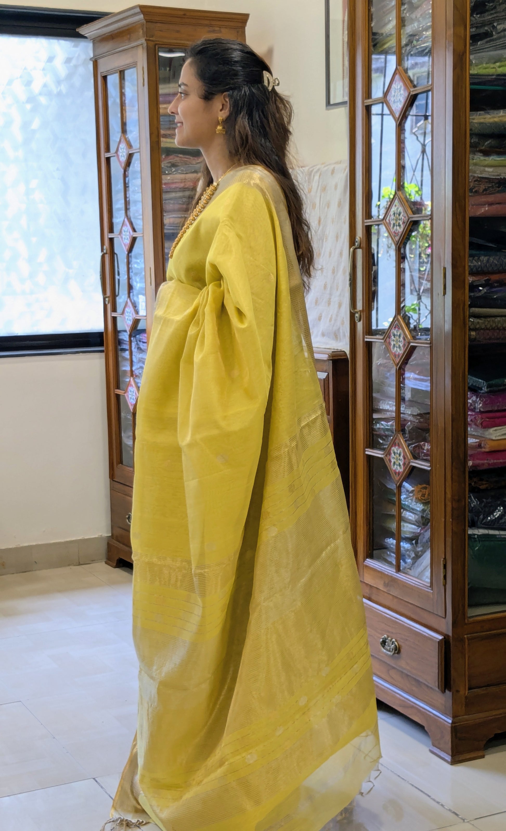 Yellow Silk Tissue Maheshwari Saree with Silver-Gold Buttis