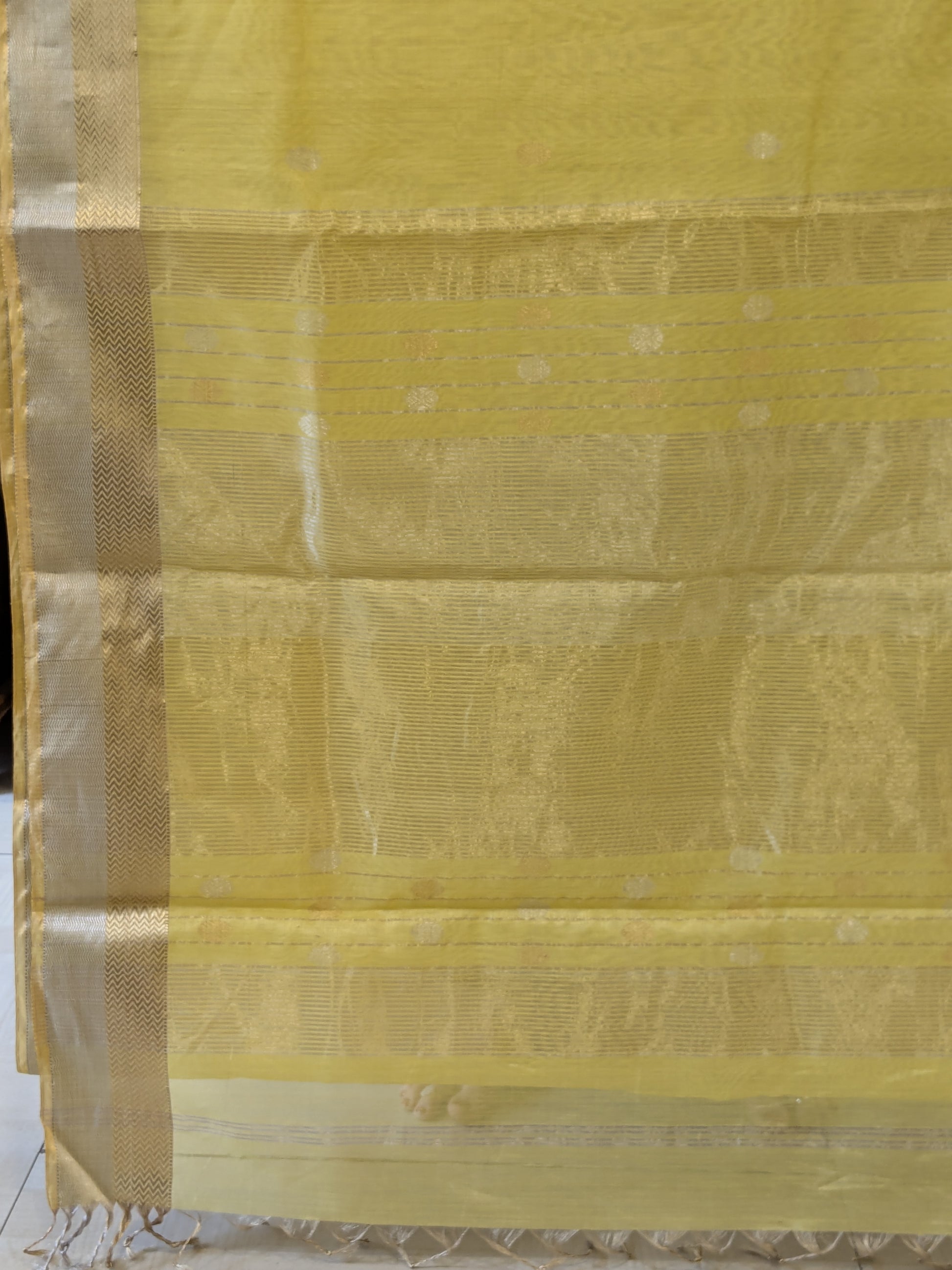 Yellow Silk Tissue Maheshwari Saree with Silver-Gold Buttis