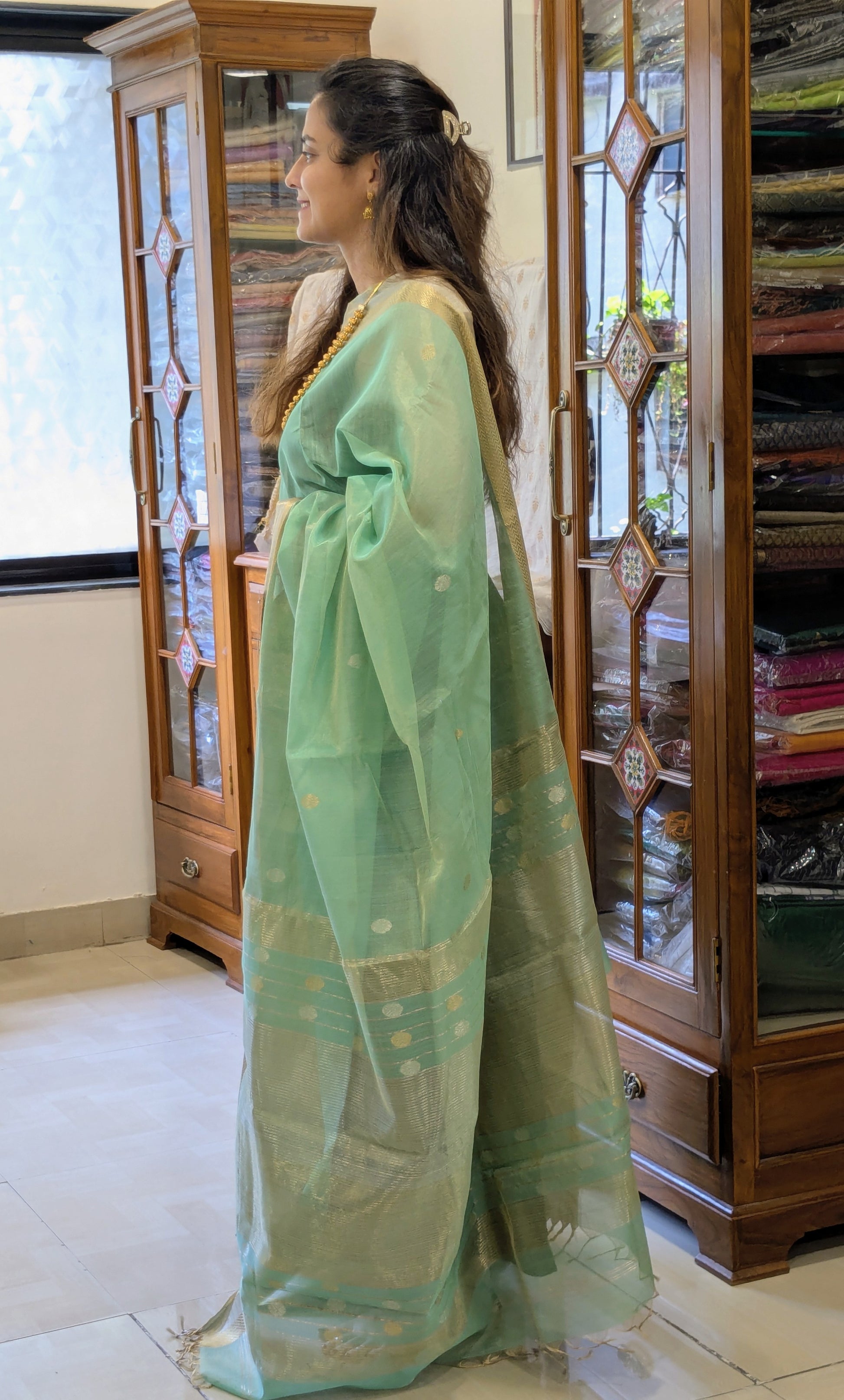 Green Silk Tissue Maheshwari Saree with Silver-Gold Buttis
