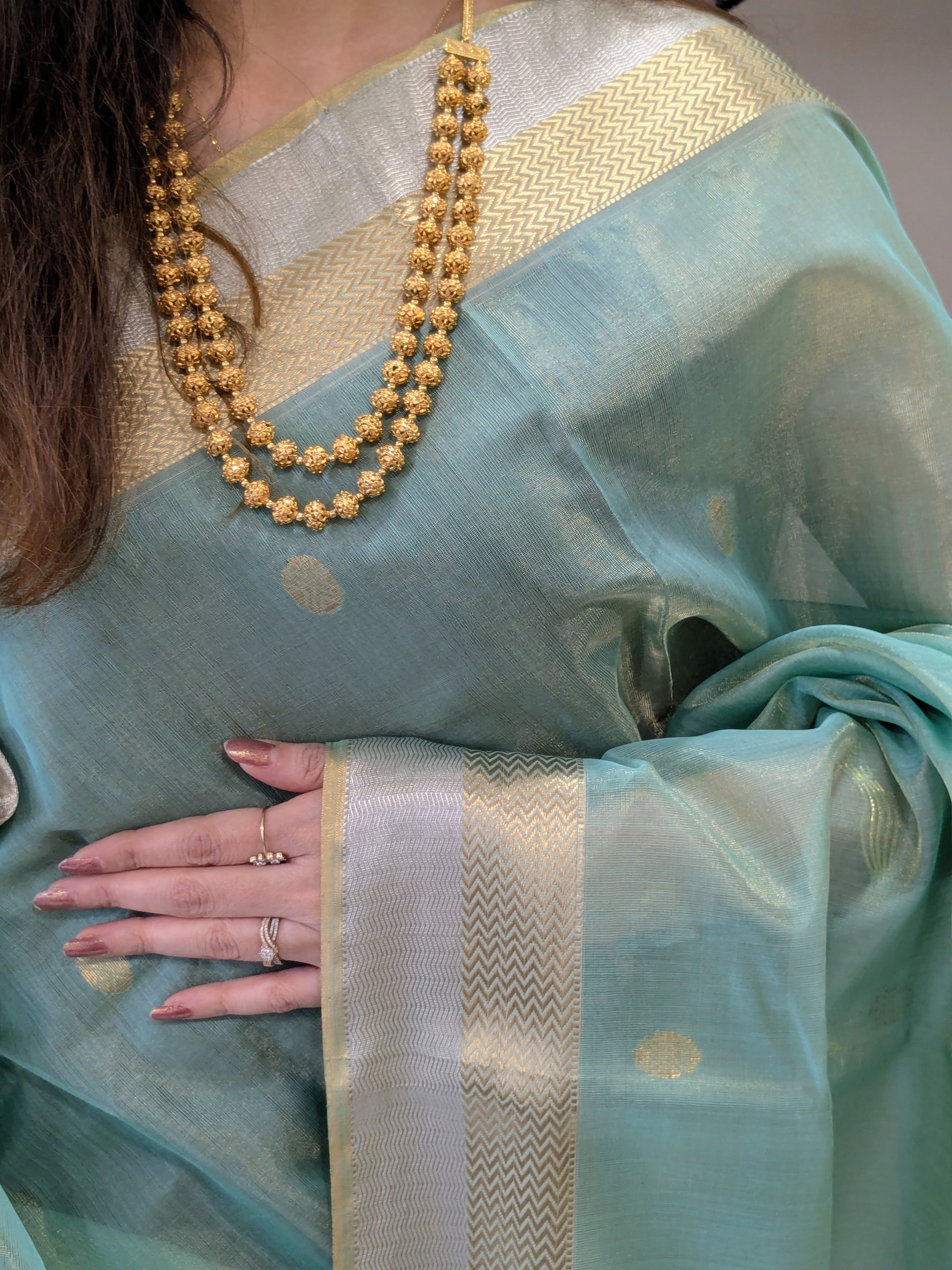 Green Silk Tissue Maheshwari Saree with Silver-Gold Buttis