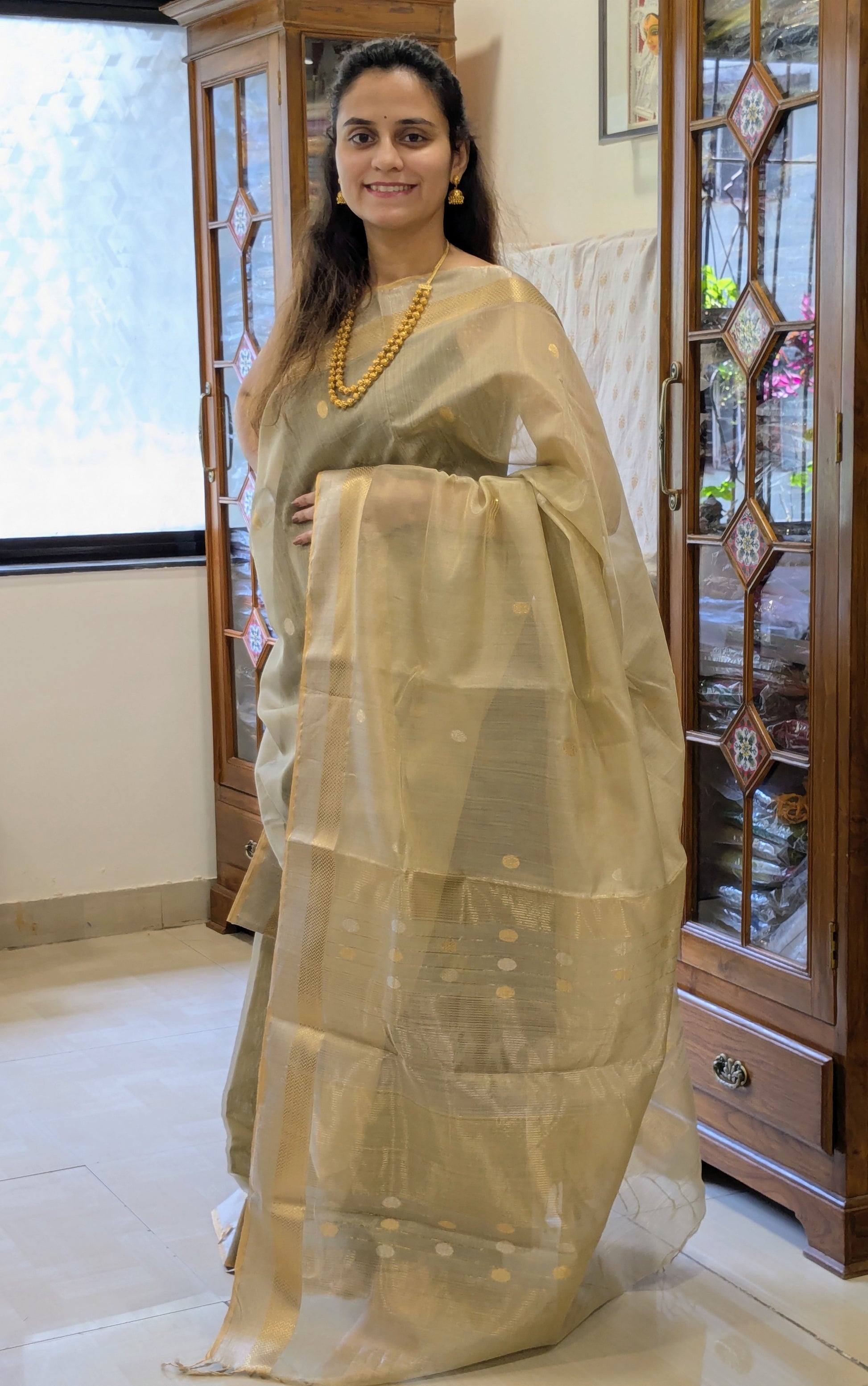 Beige Silk Tissue Maheshwari Saree with Silver-Gold Buttis
