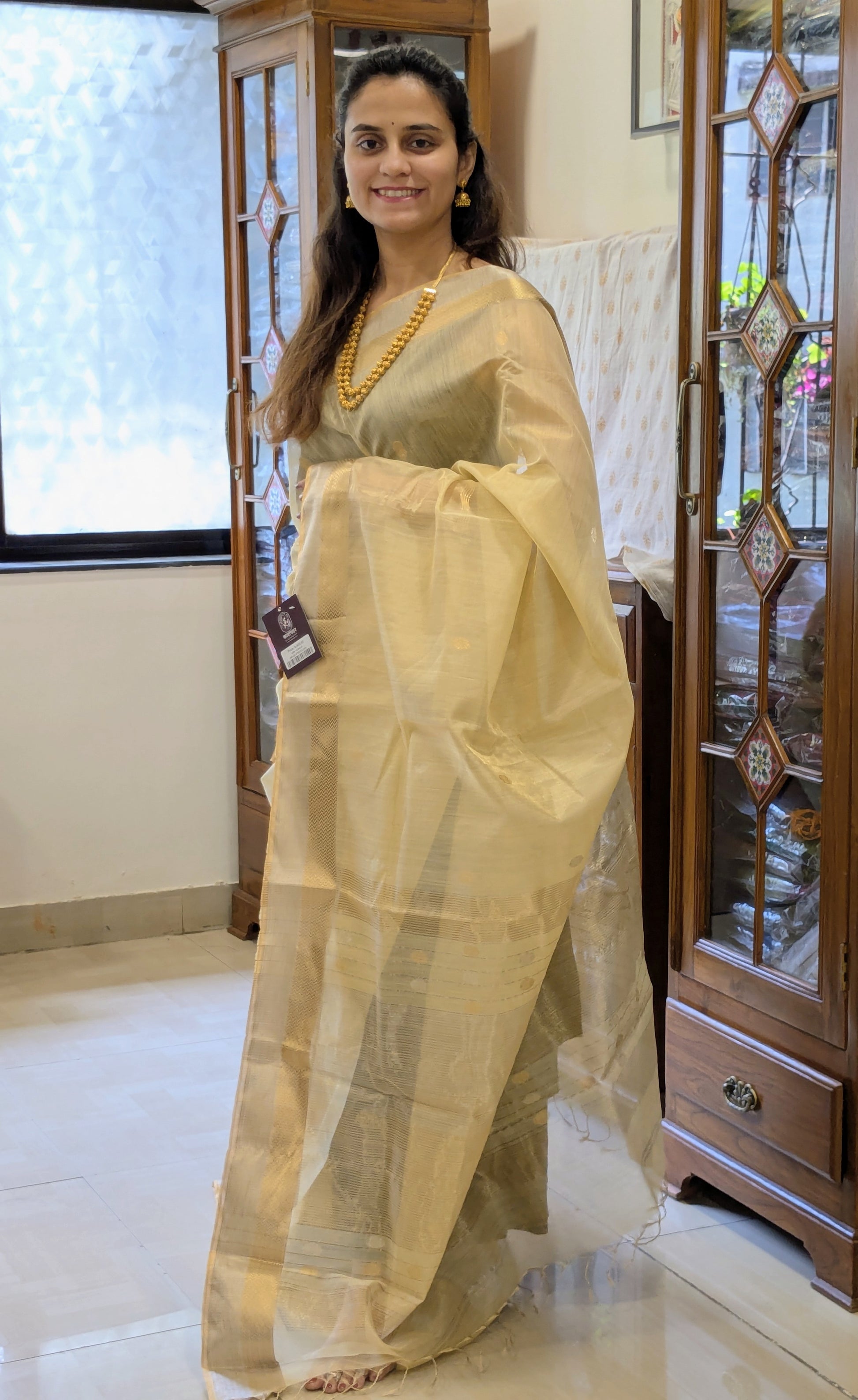 Light Yellow Silk Tissue Maheshwari Saree with Silver-Gold Buttis
