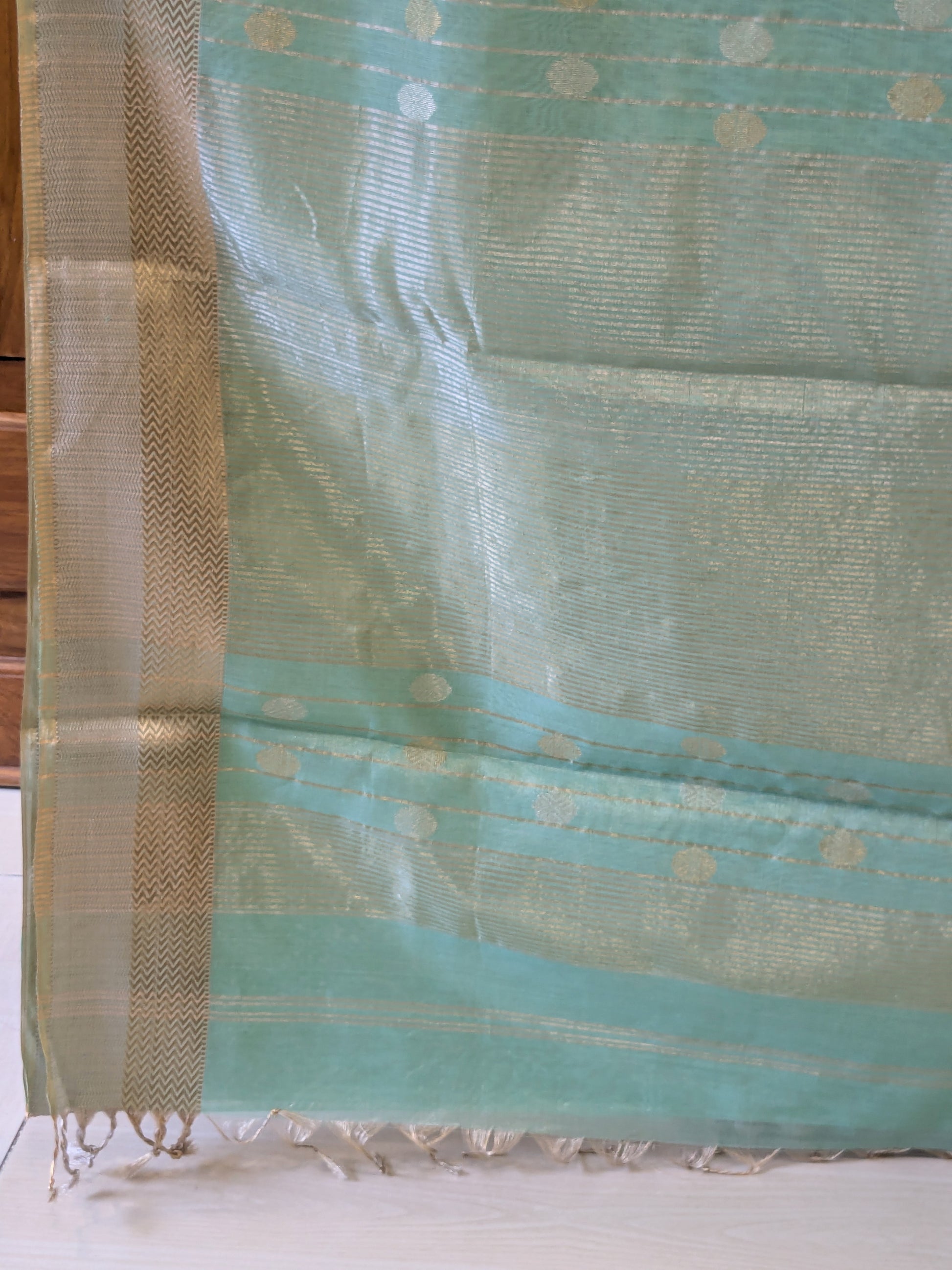 Green Silk Tissue Maheshwari Saree with Silver-Gold Buttis