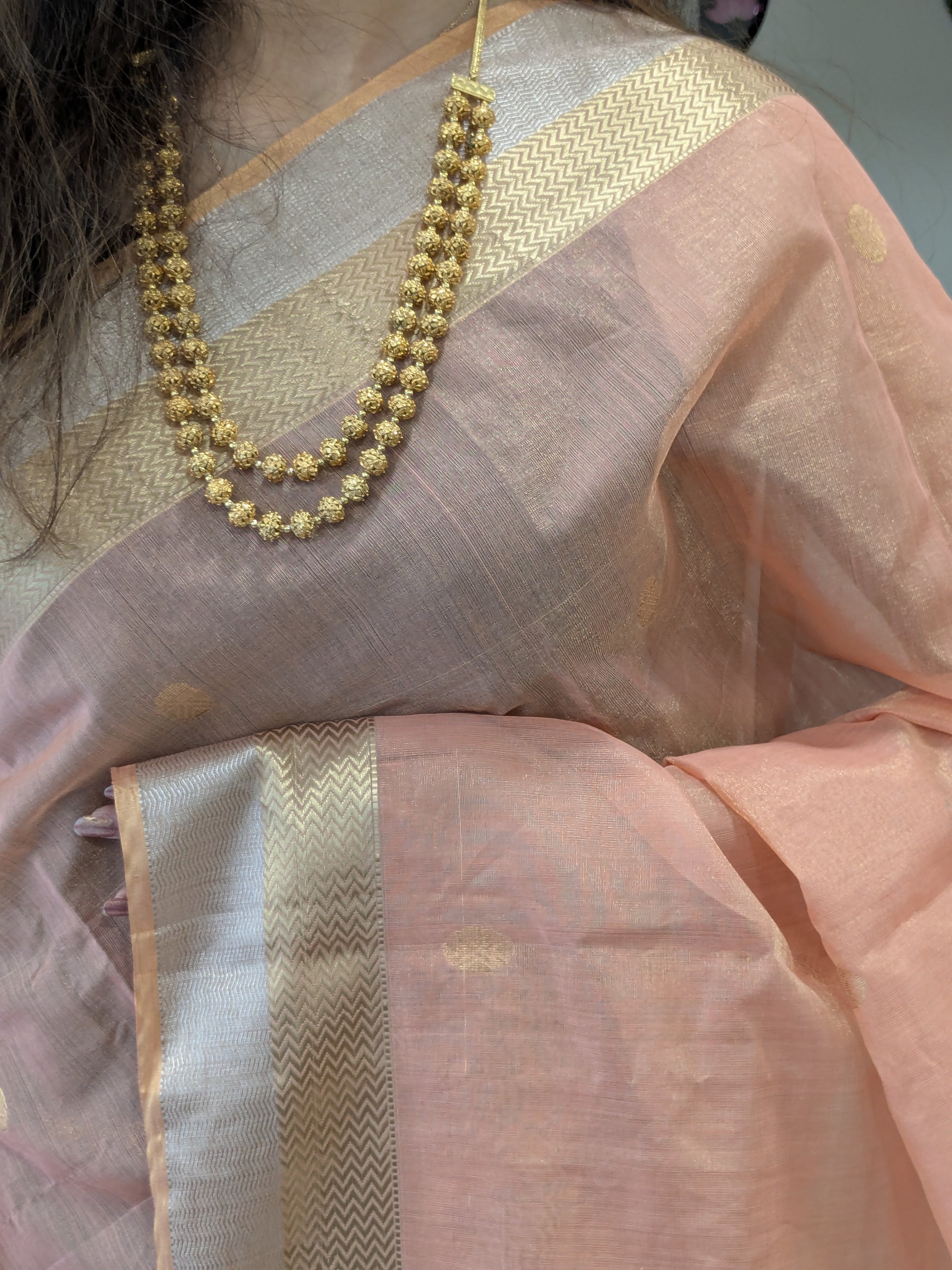 Orange Silk Tissue Maheshwari Saree with Silver-Gold Buttis