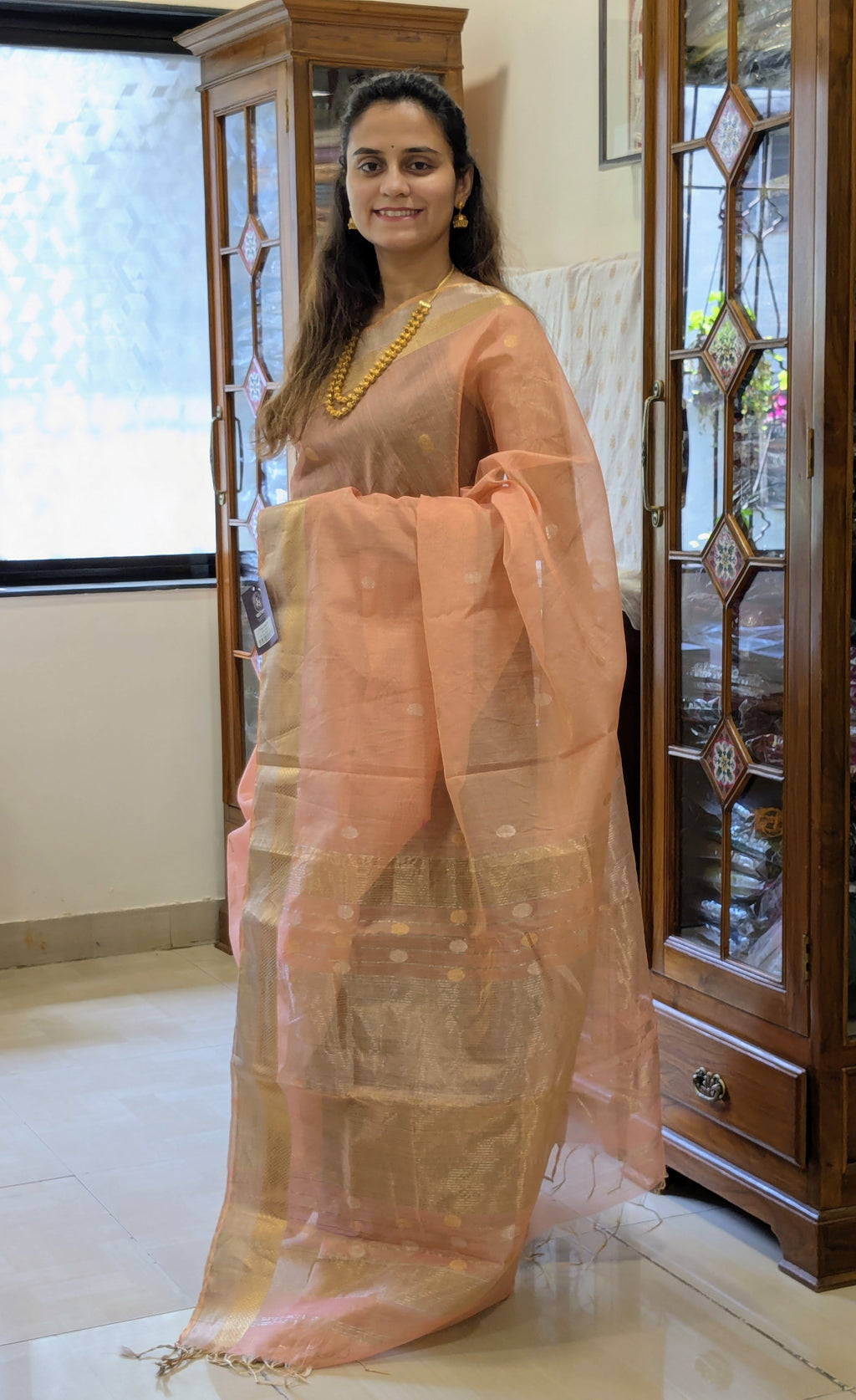 Orange Silk Tissue Maheshwari Saree with Silver-Gold Buttis