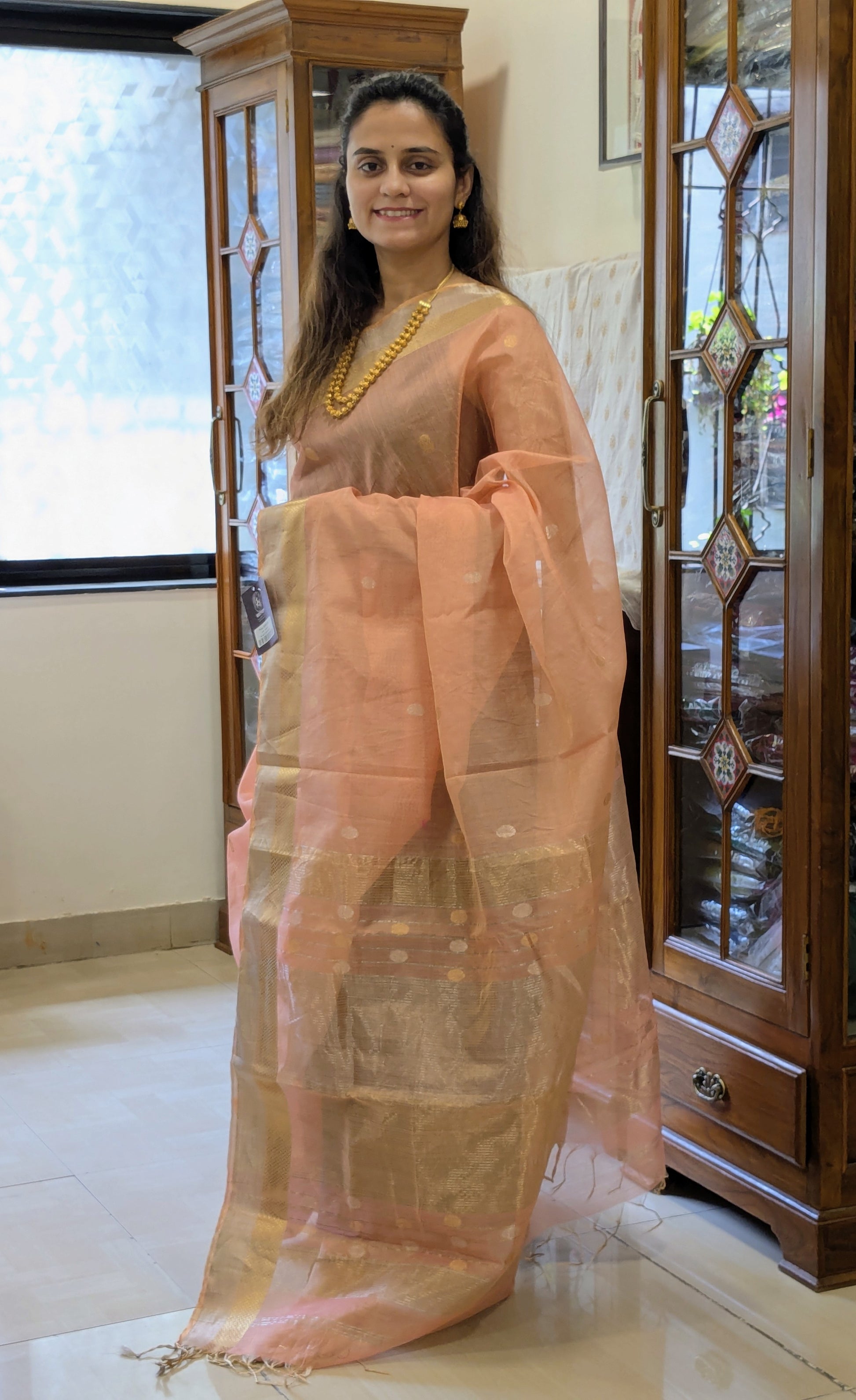 Orange Silk Tissue Maheshwari Saree with Silver-Gold Buttis