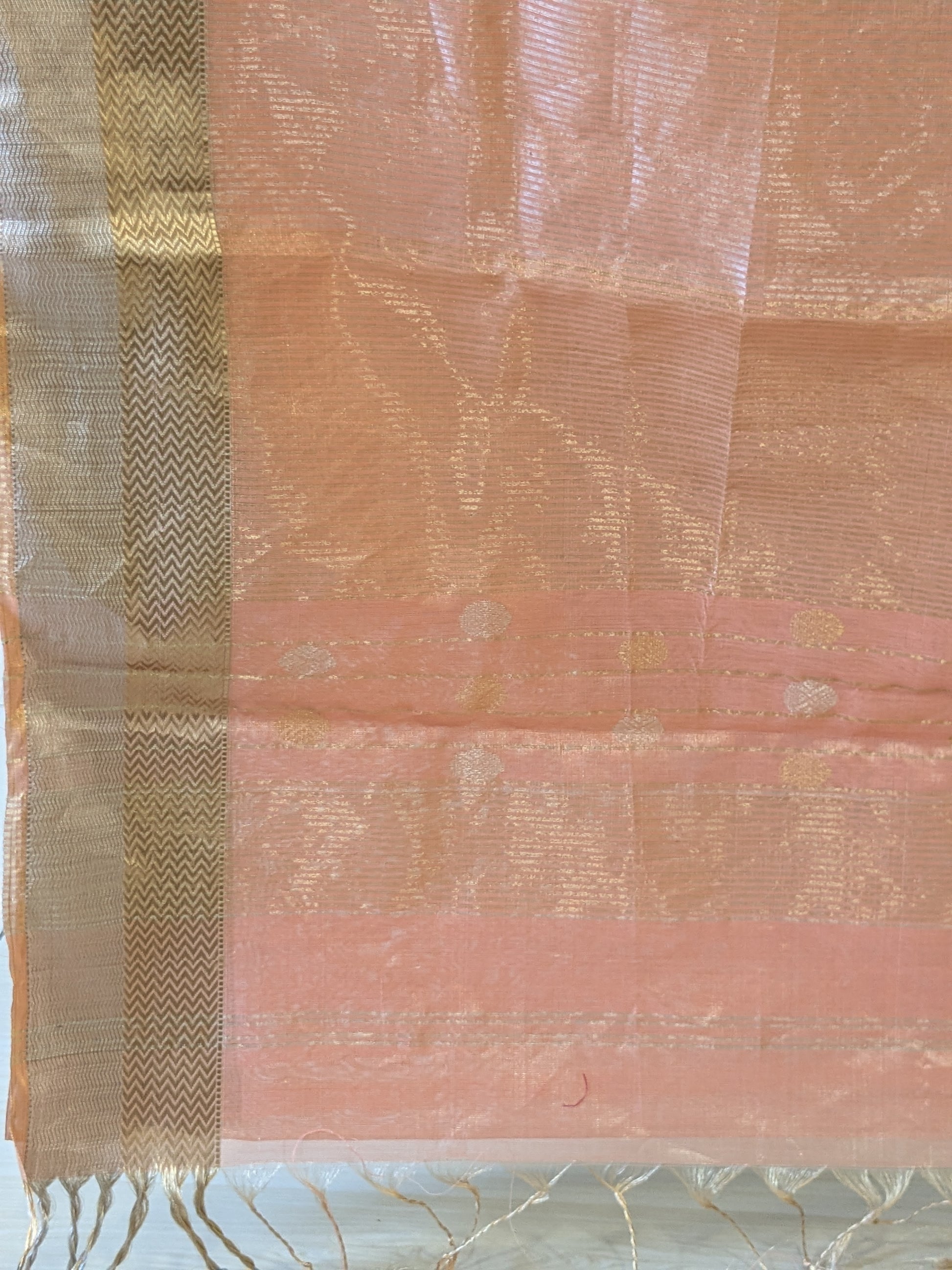 Orange Silk Tissue Maheshwari Saree with Silver-Gold Buttis