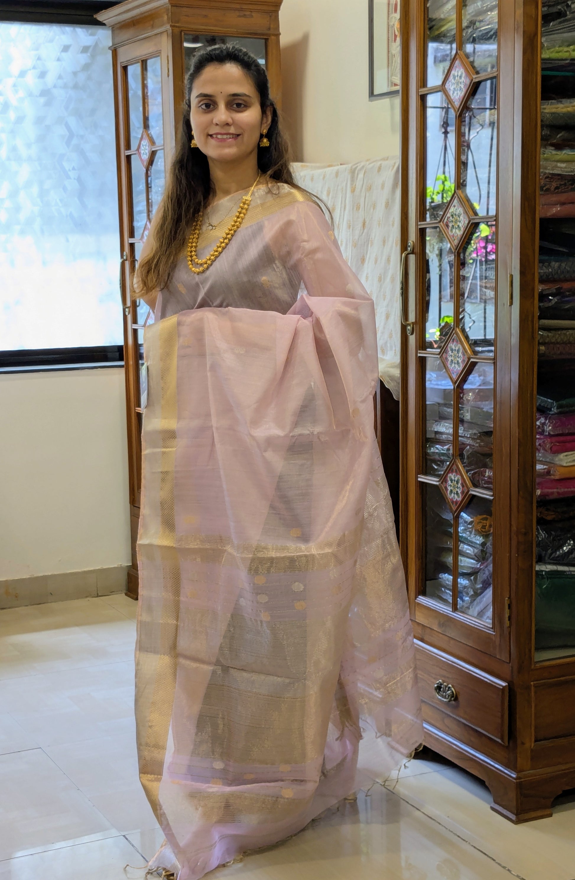 Mauve Silk Tissue Maheshwari Saree with Silver-Gold Buttis