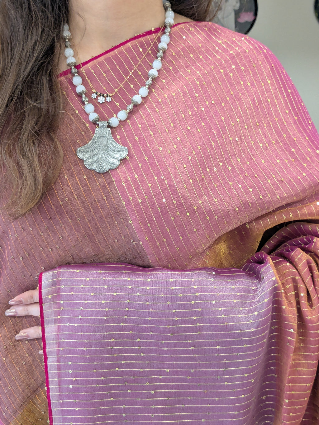 Red and Purple Linen Tissue Jamdani Saree with Sequins