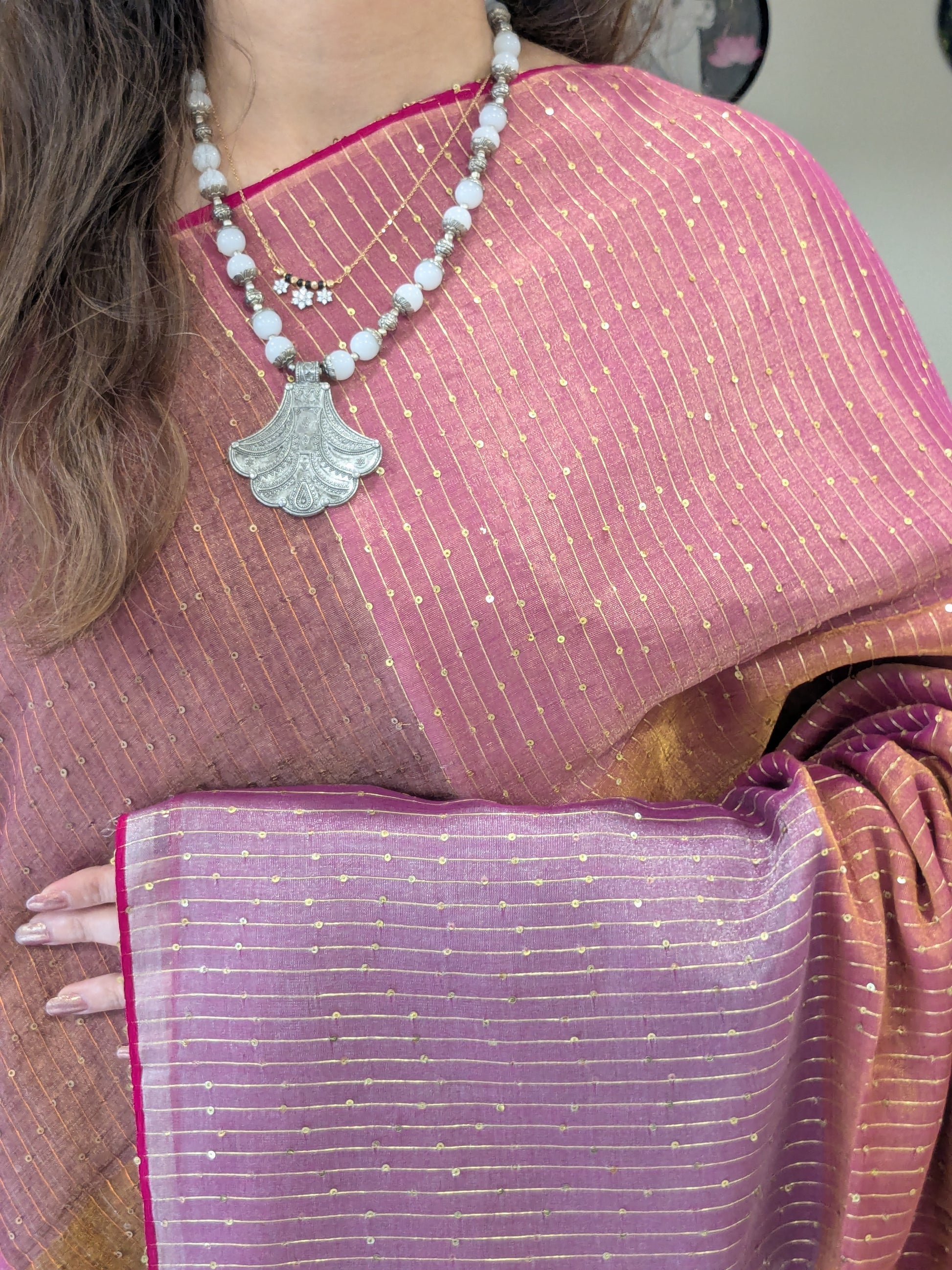 Red and Purple Linen Tissue Jamdani Saree with Sequins