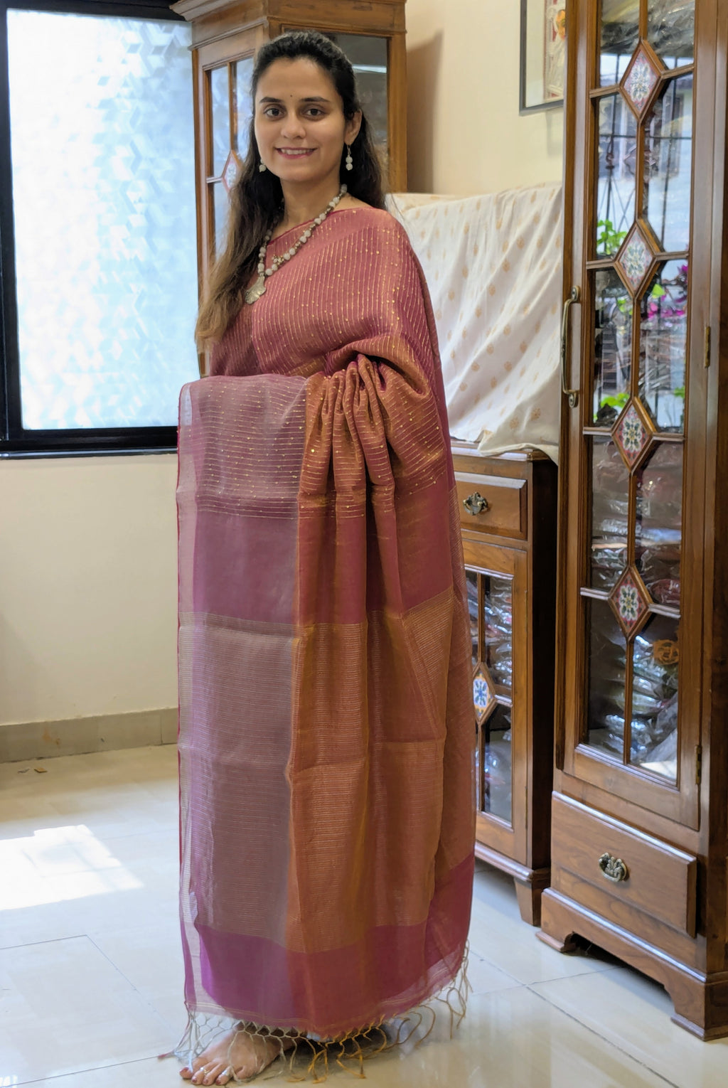 Red and Purple Linen Tissue Jamdani Saree with Sequins