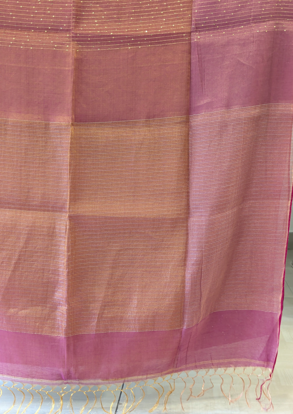 Red and Purple Linen Tissue Jamdani Saree with Sequins