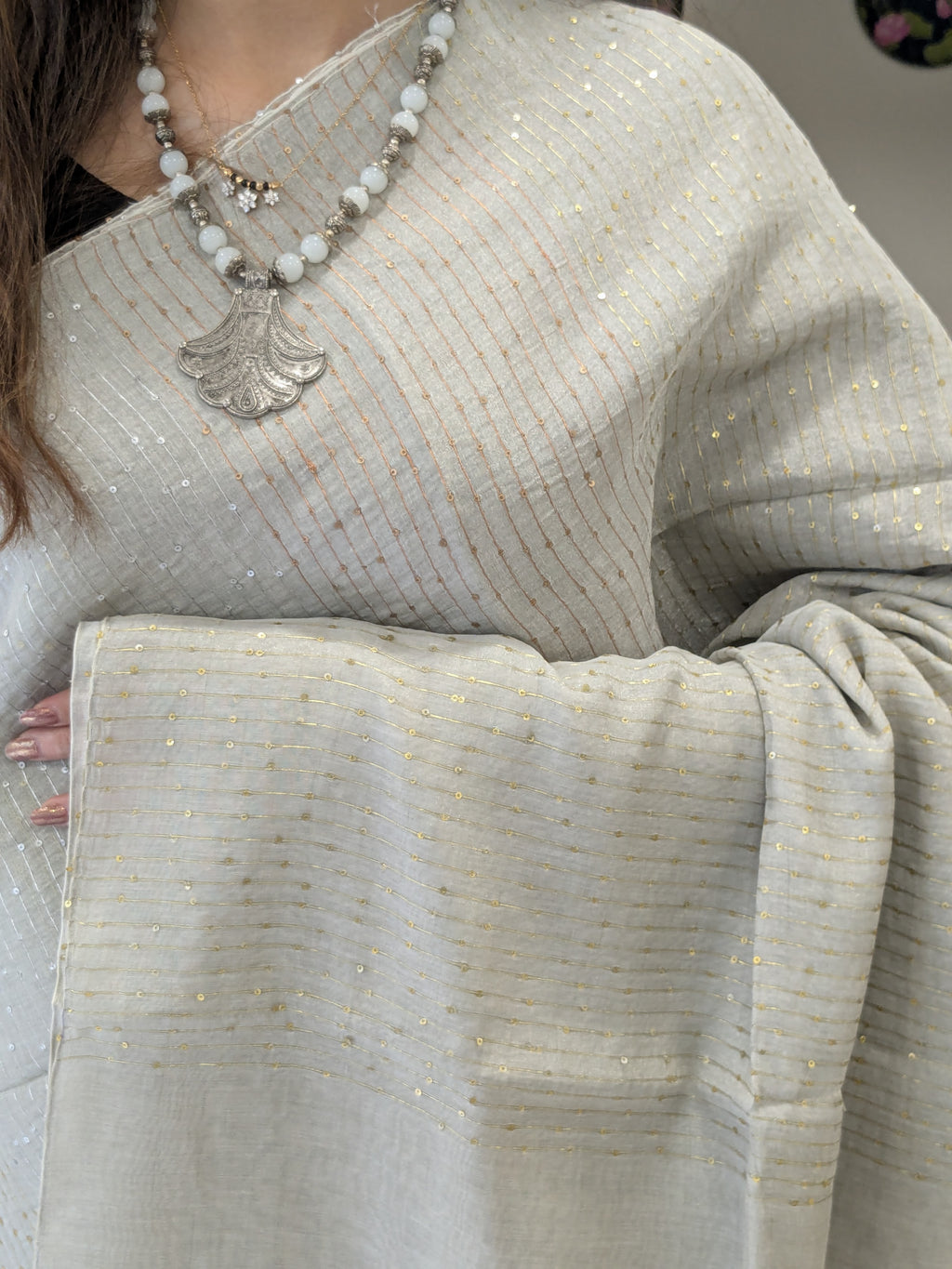 Silver Linen Tissue Jamdani Saree with Sequins