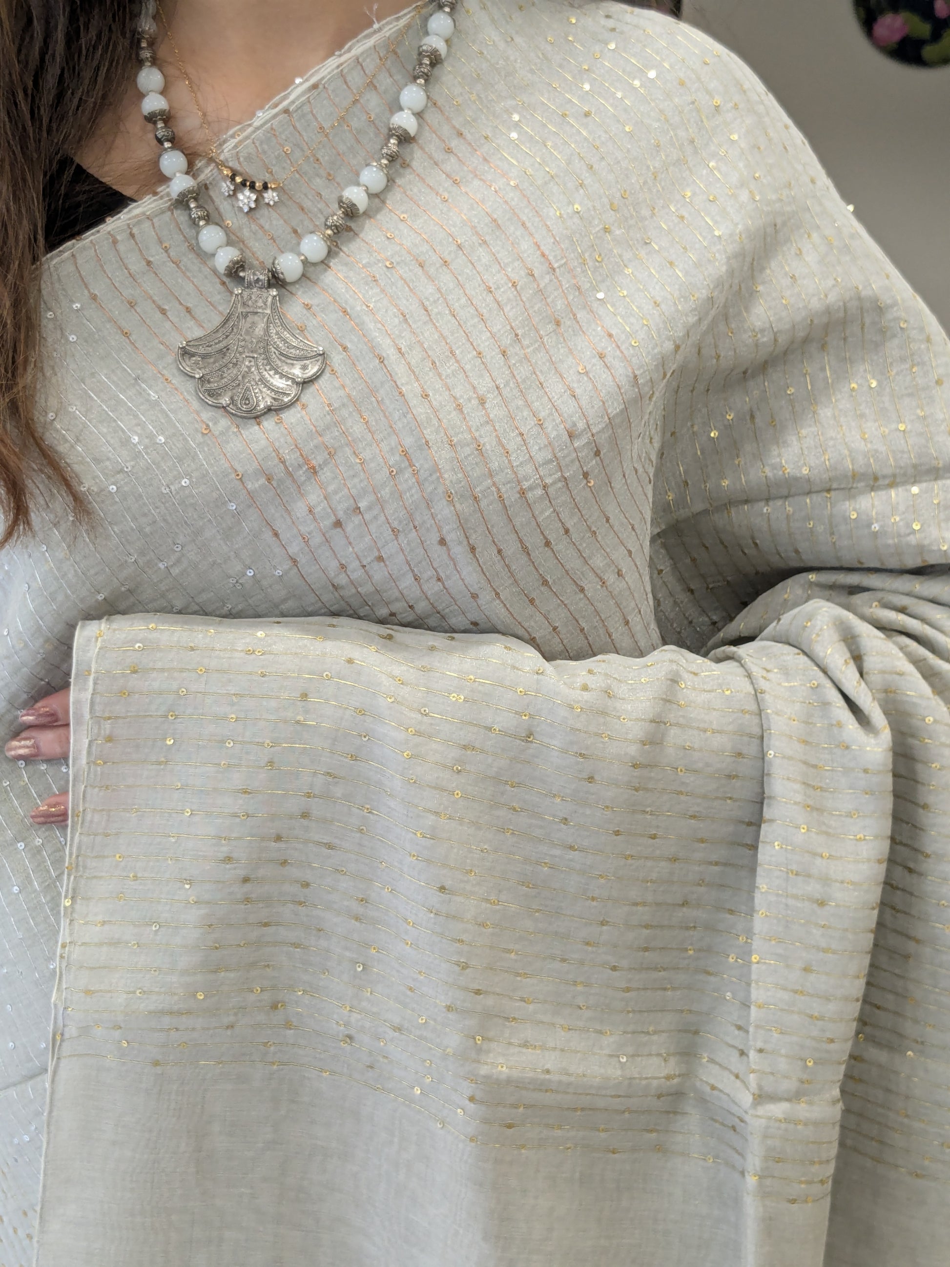 Silver Linen Tissue Jamdani Saree with Sequins