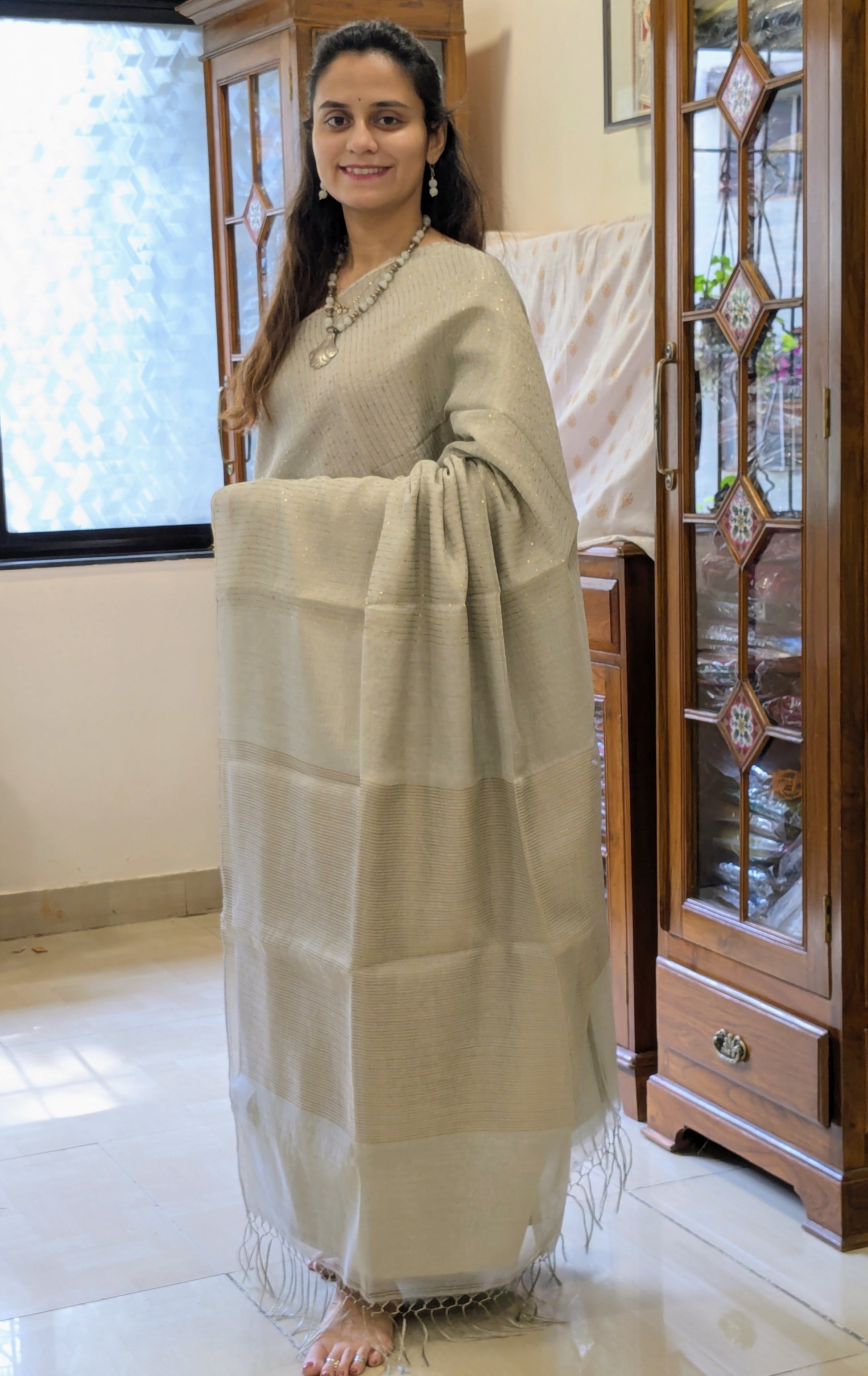 Silver Linen Tissue Jamdani Saree with Sequins