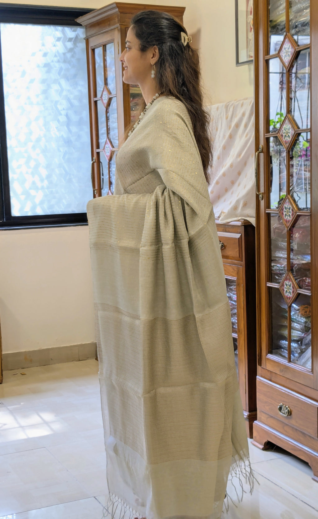 Silver Linen Tissue Jamdani Saree with Sequins