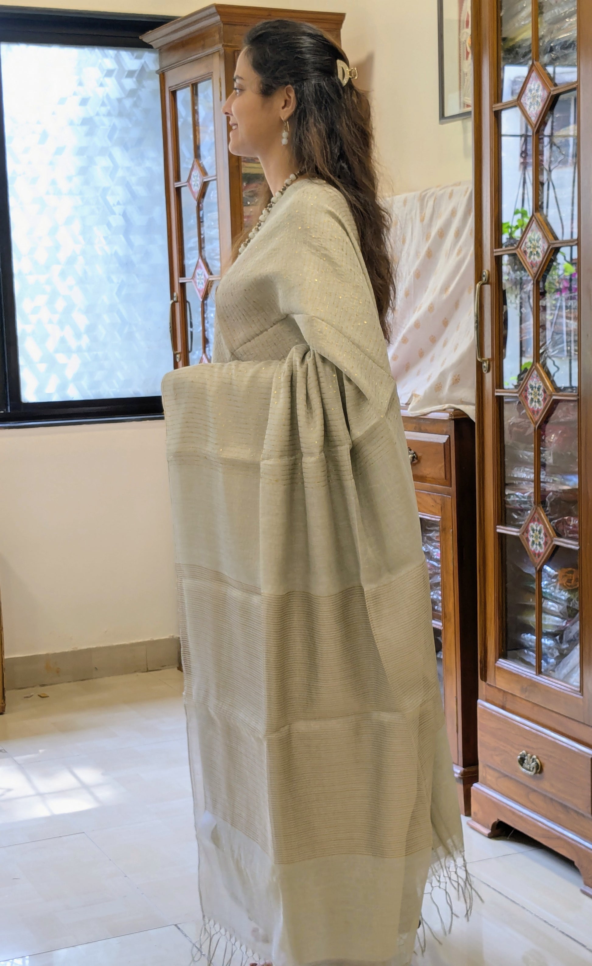 Silver Linen Tissue Jamdani Saree with Sequins