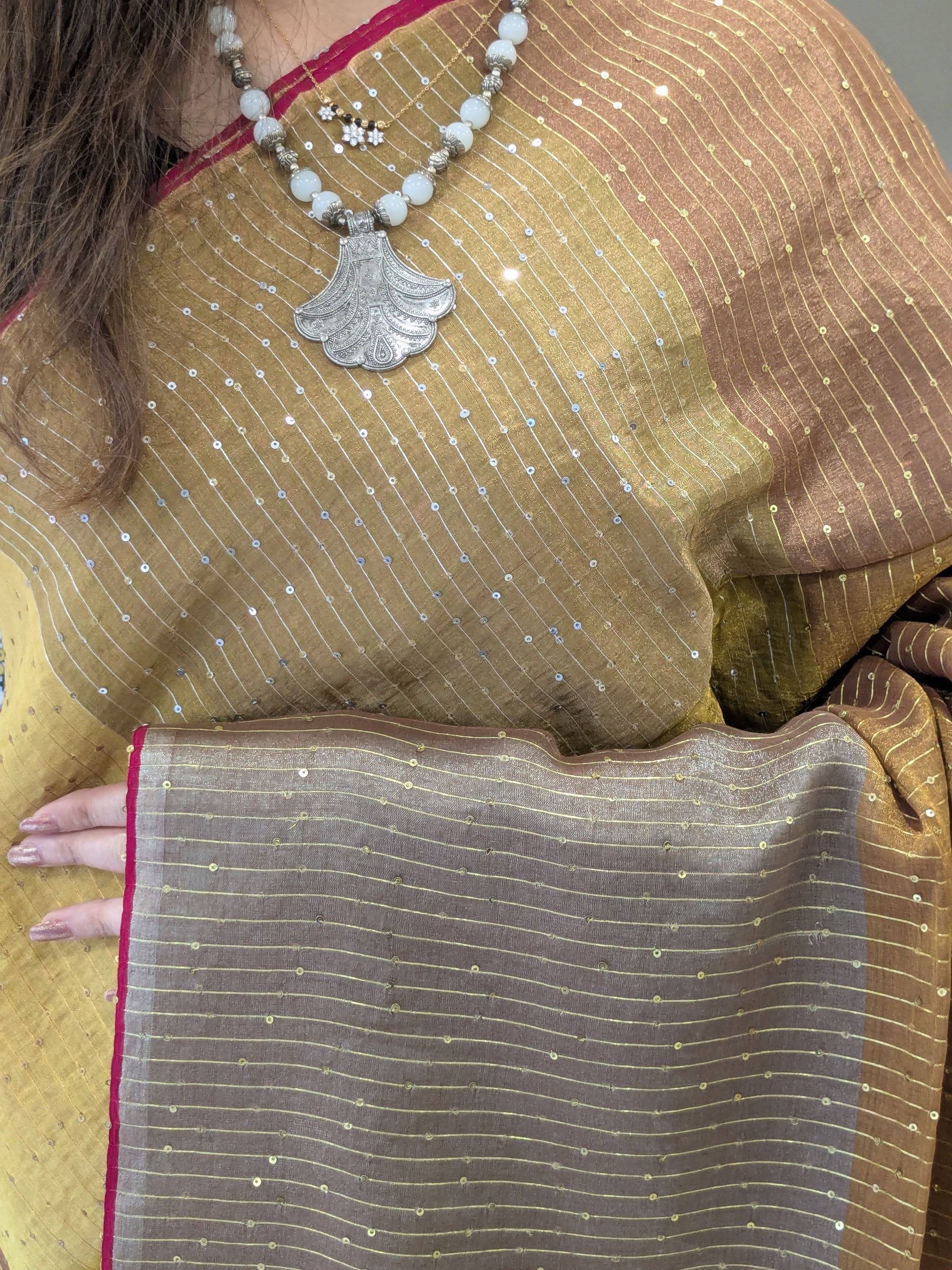 Mustard Yellow Linen Tissue Jamdani Saree with Sequins