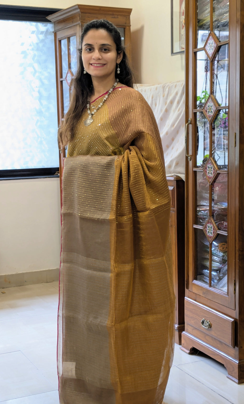 Mustard Yellow Linen Tissue Jamdani Saree with Sequins