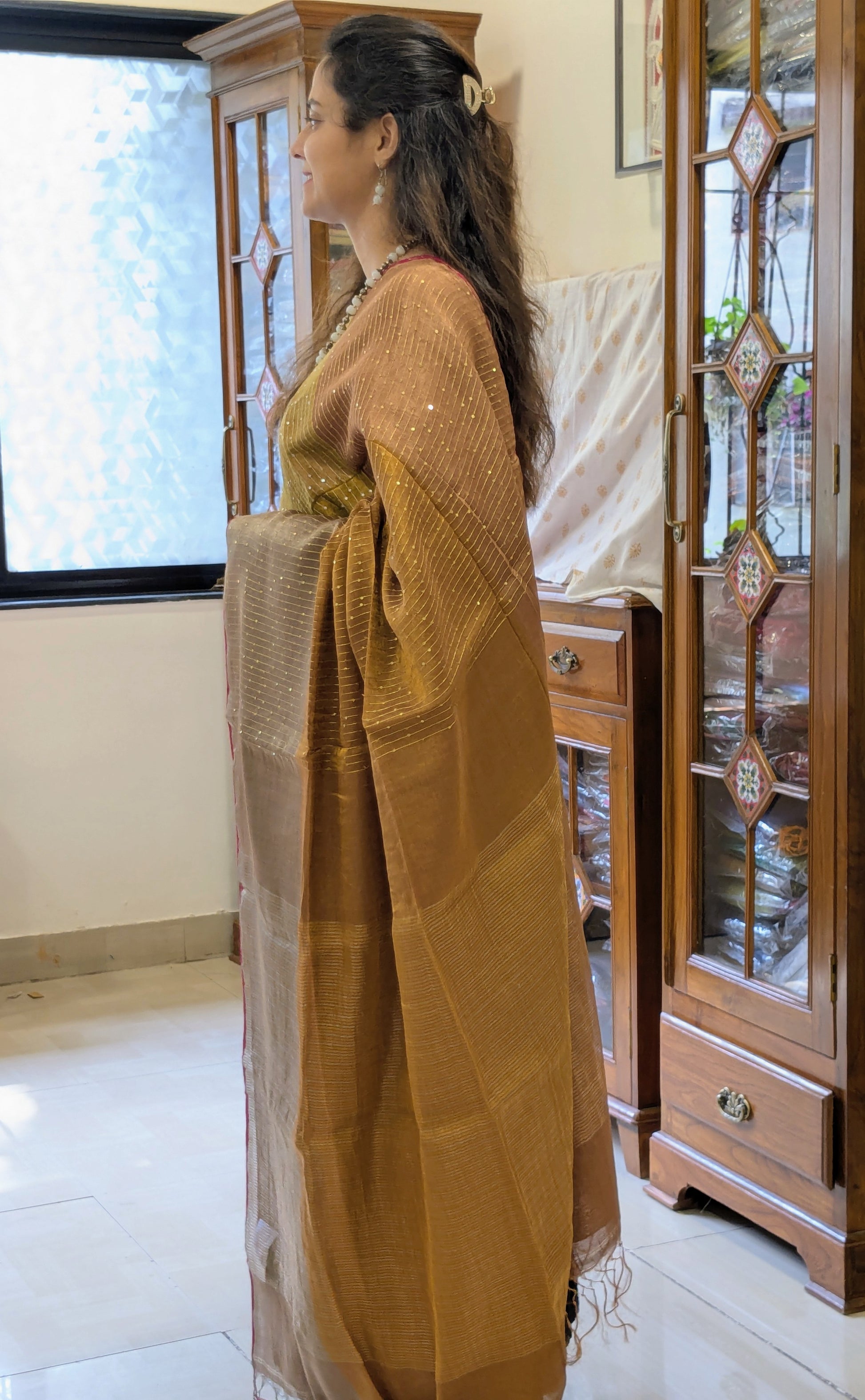 Mustard Yellow Linen Tissue Jamdani Saree with Sequins