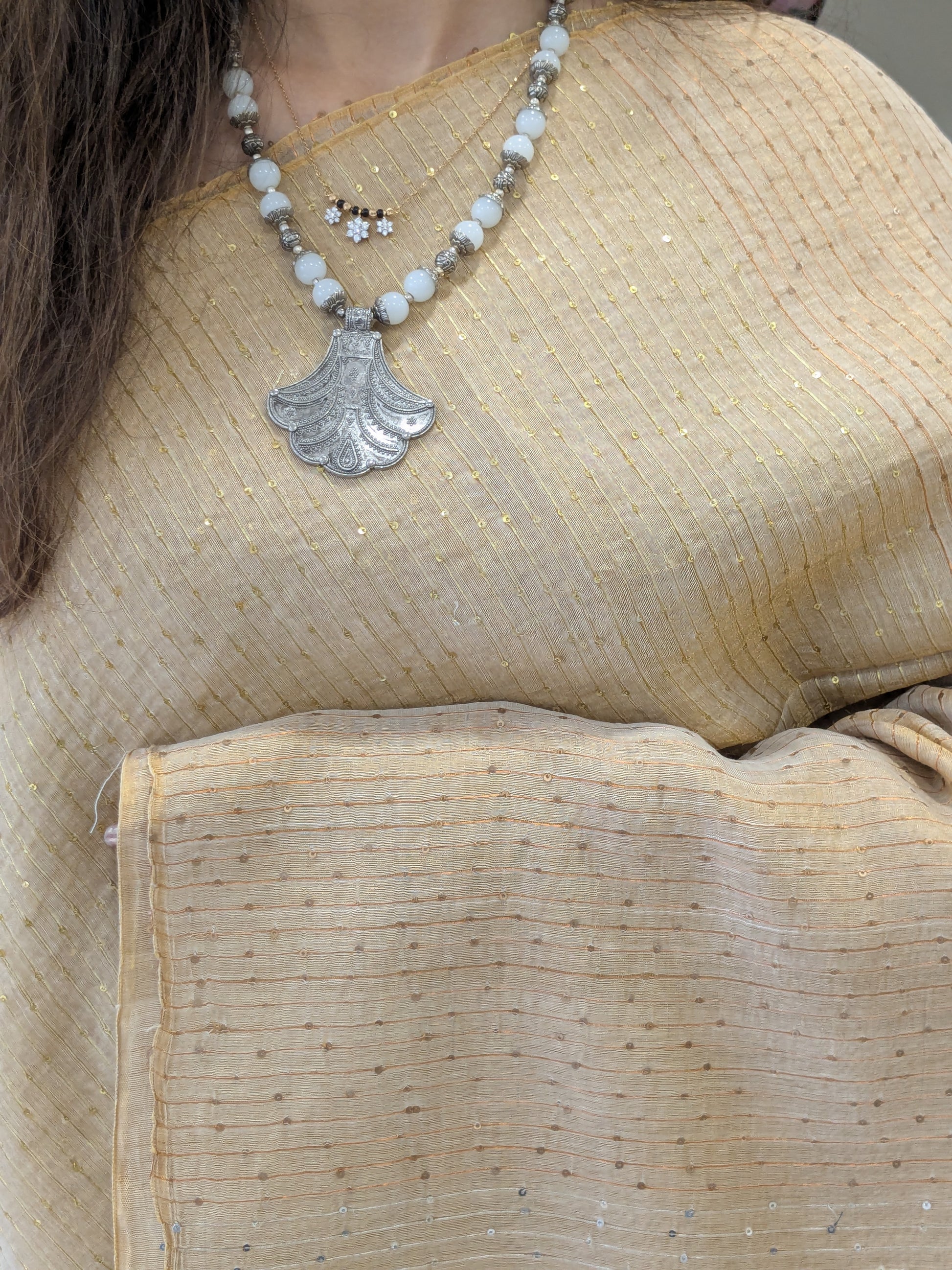 Beige Linen Tissue Jamdani Saree with Sequins