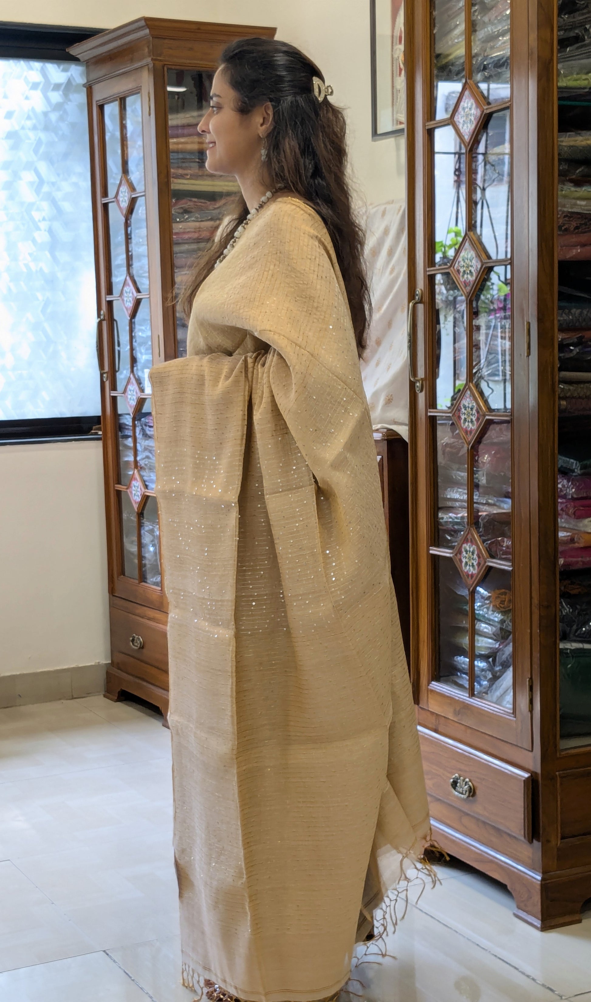 Beige Linen Tissue Jamdani Saree with Sequins