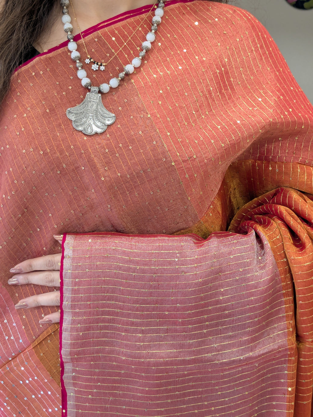 Orange and Red Linen Tissue Jamdani Saree with Sequins