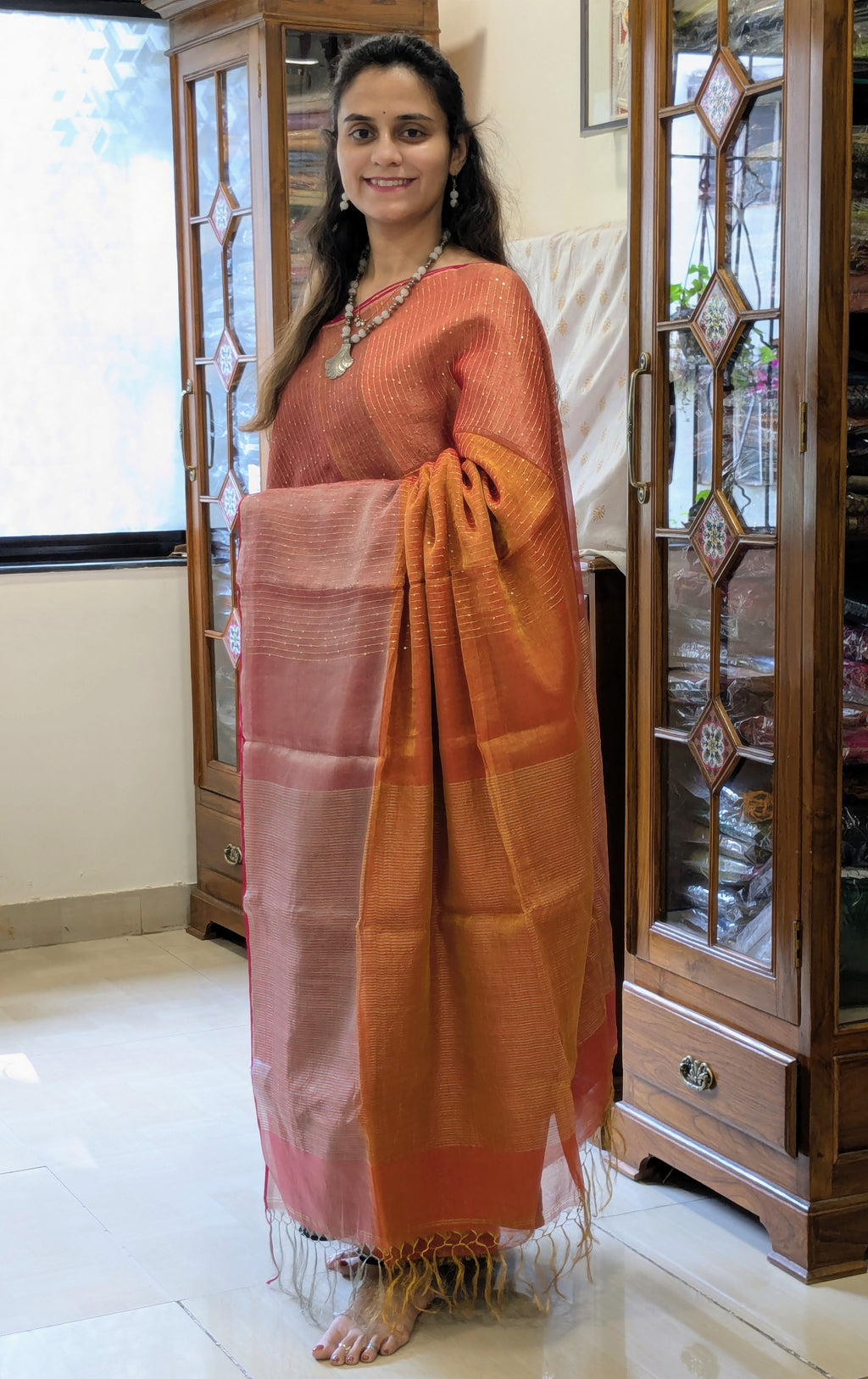 Orange and Red Linen Tissue Jamdani Saree with Sequins