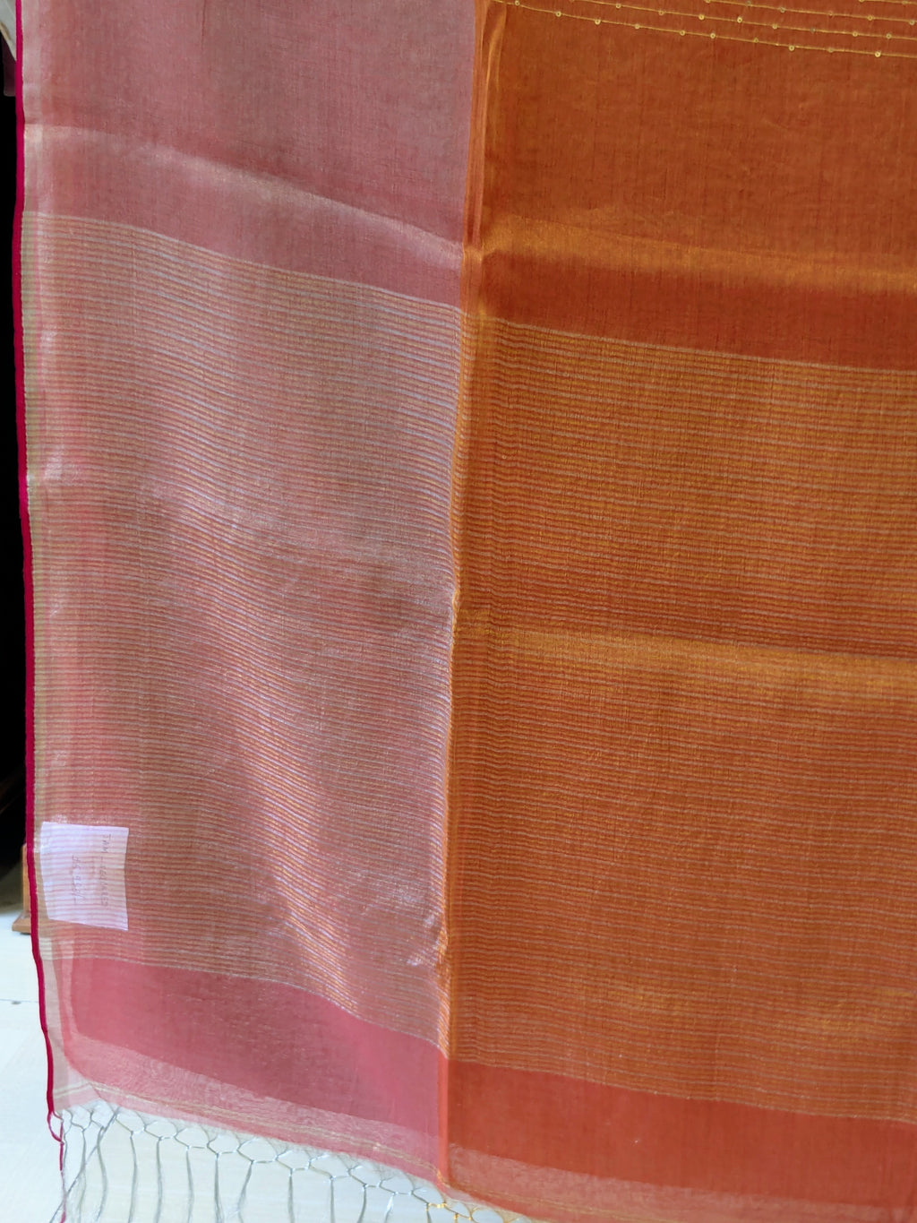 Orange and Red Linen Tissue Jamdani Saree with Sequins