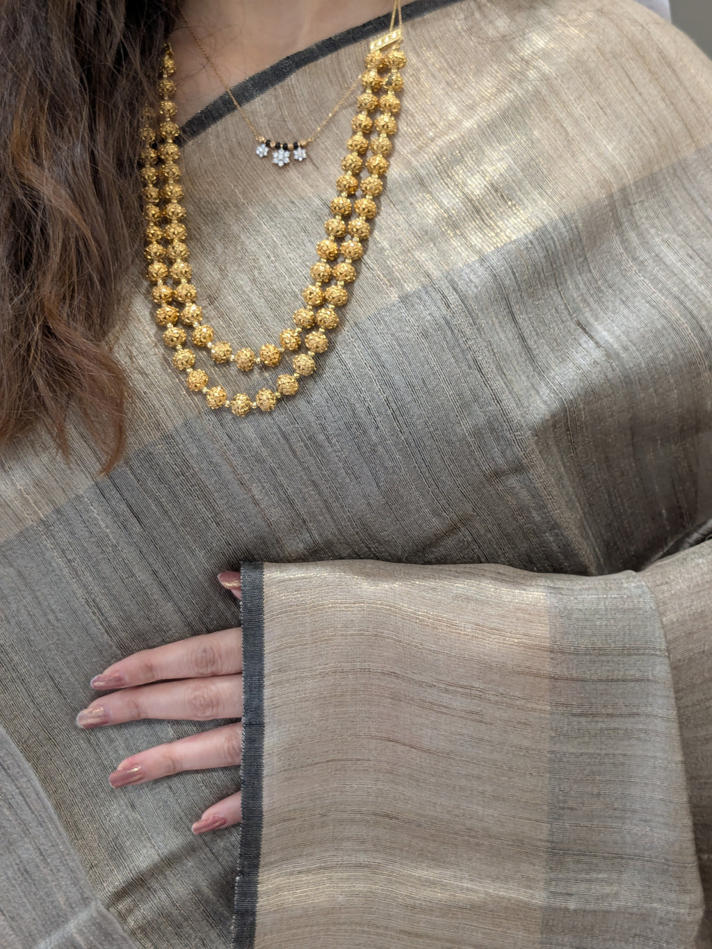 Beige Raw Silk Handloom Saree with Maroon-Mustard Pallu