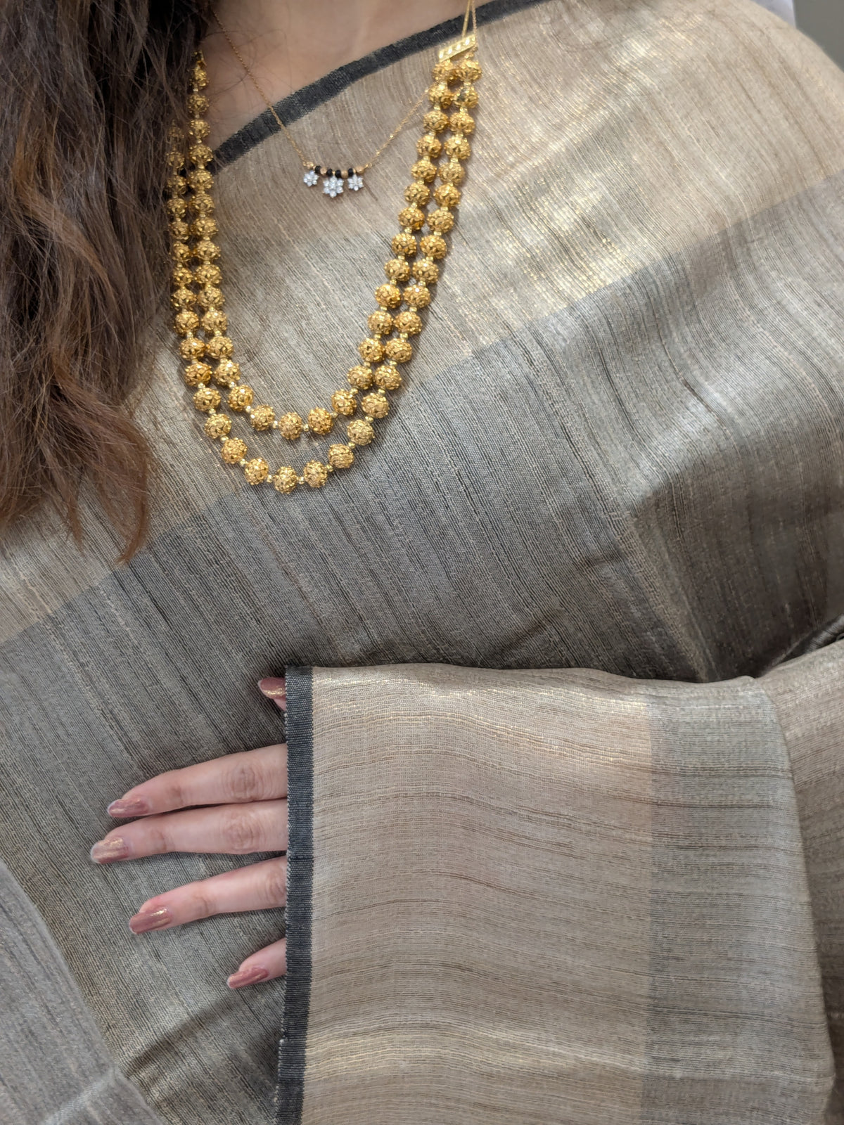 Beige Raw Silk Handloom Saree with Maroon-Mustard Pallu