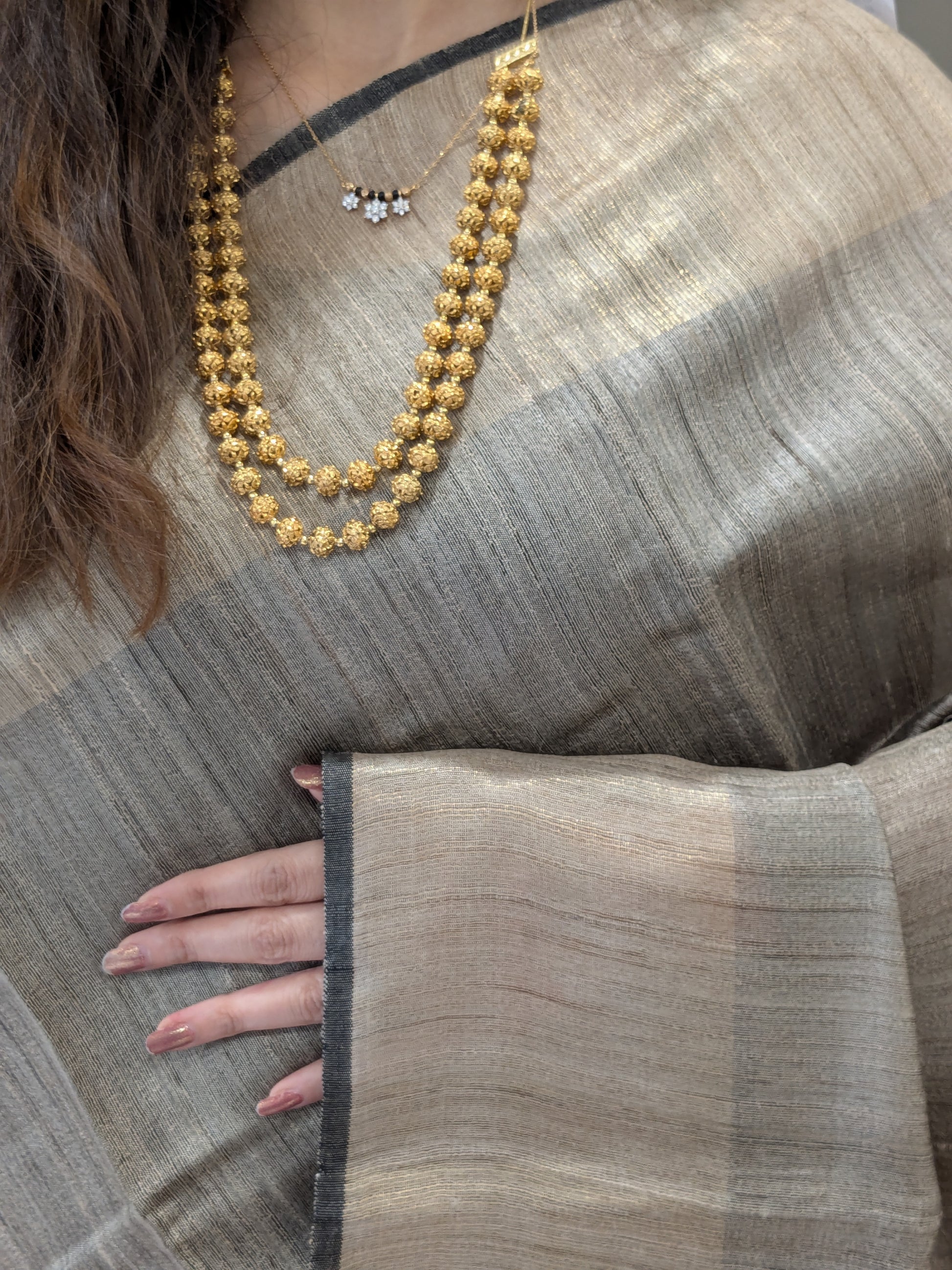 Beige Raw Silk Handloom Saree with Maroon-Mustard Pallu